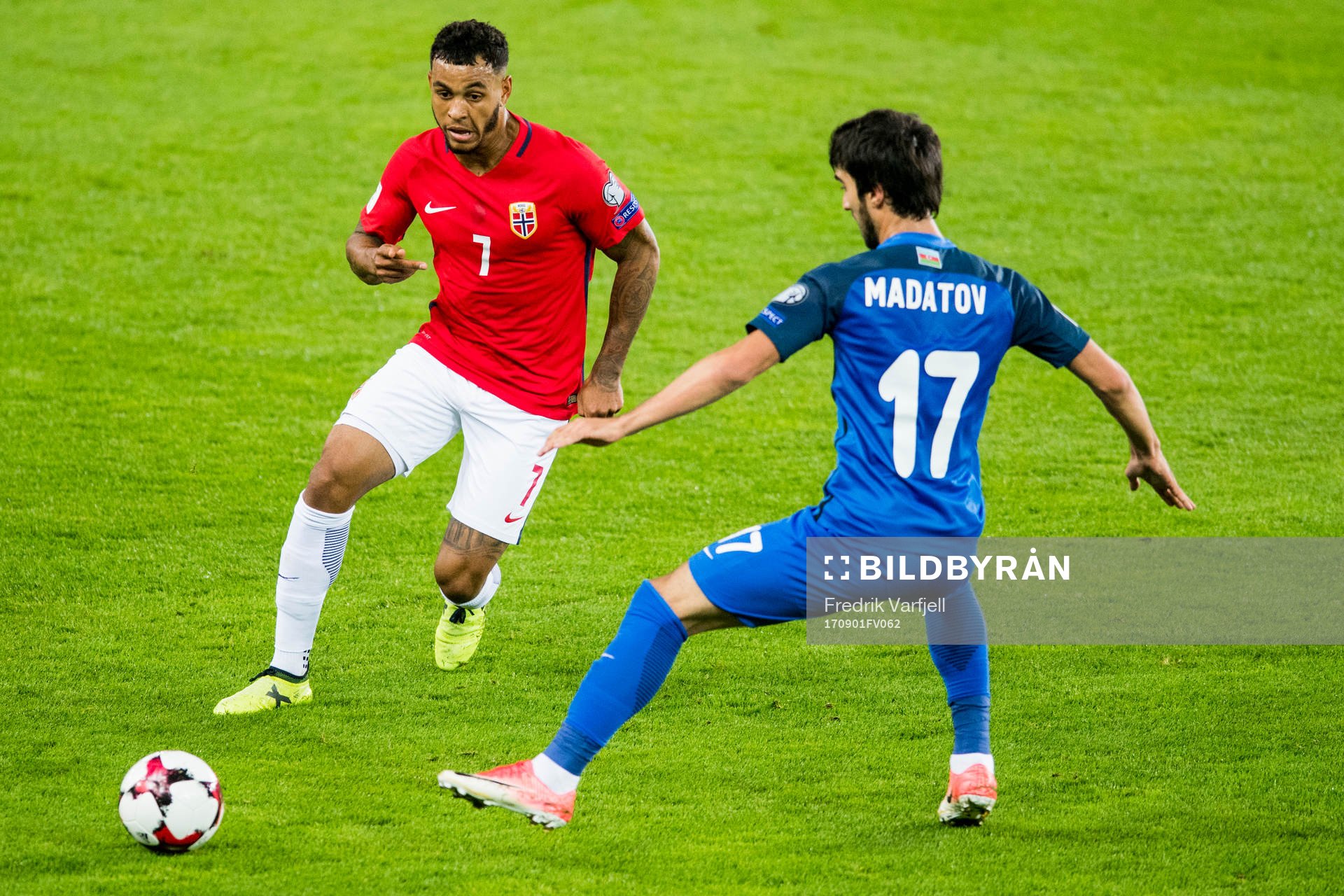 Joshua King of Norway and Mahir Madatov of Azerbaijan