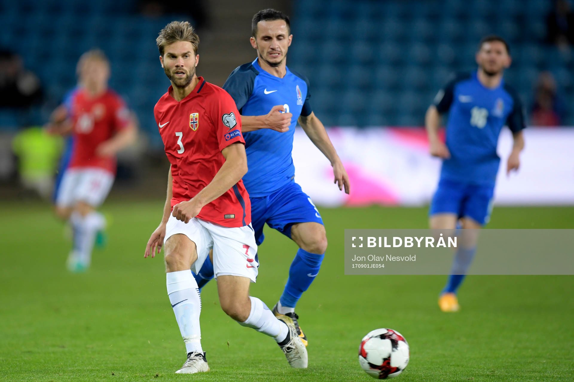 Jørgen Skjelvik of Norway and Namik Alasgarov of Azerbaijan competes for the ball during the FIFA World Cup Qualifier match between Norway and Azerbaijan on September 1, 2017 in Oslo.