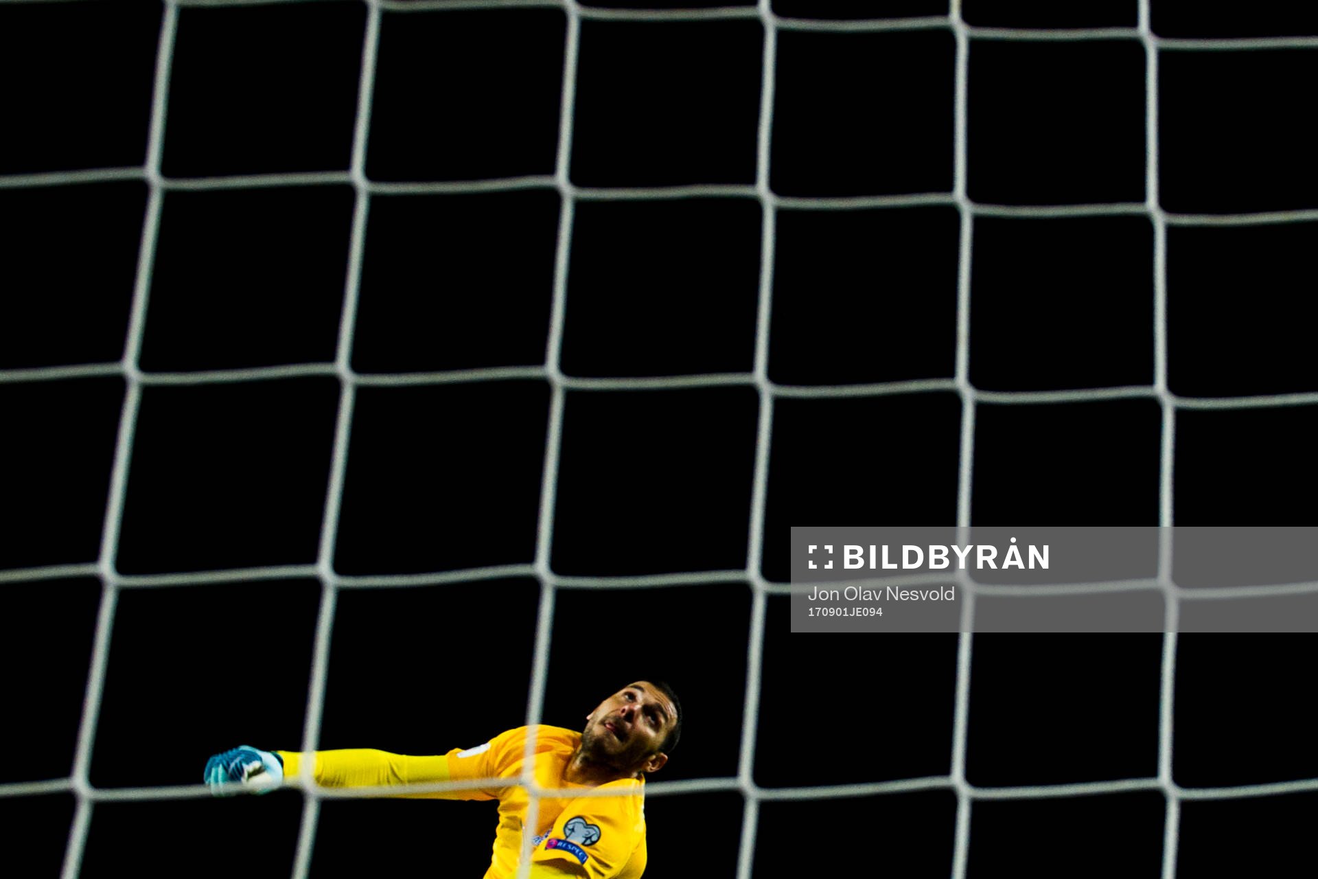 Goalkeeper Kamran Agayev of Azerbaijan with a save