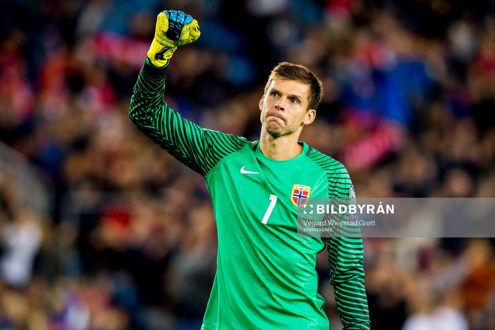 Goalkeeper Rune Almenning Jarstein of Norway celebrates 1-0