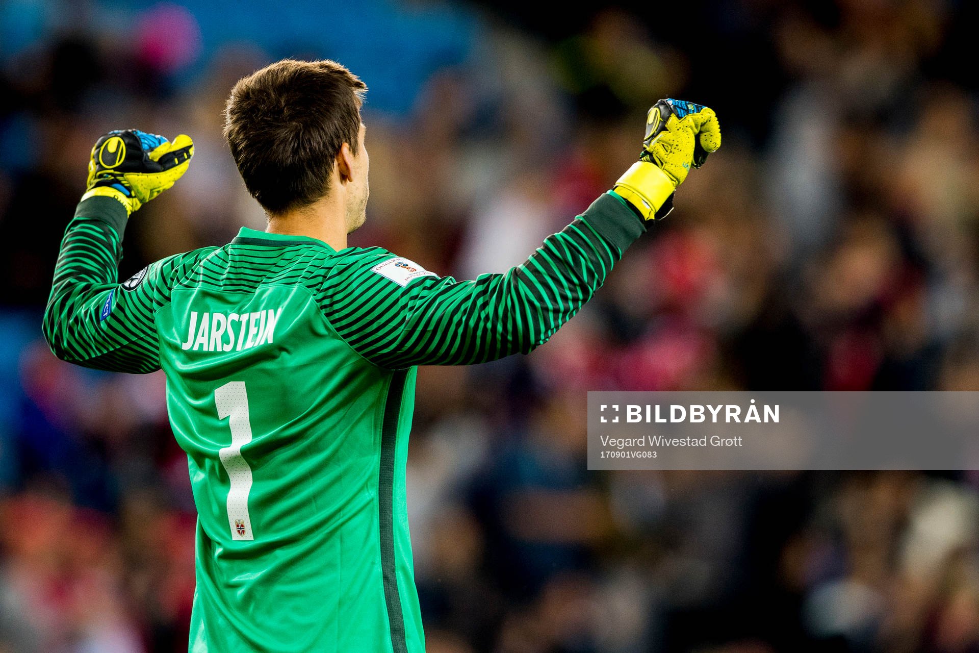Goalkeeper Rune Almenning Jarstein of Norway celebrates 1-0