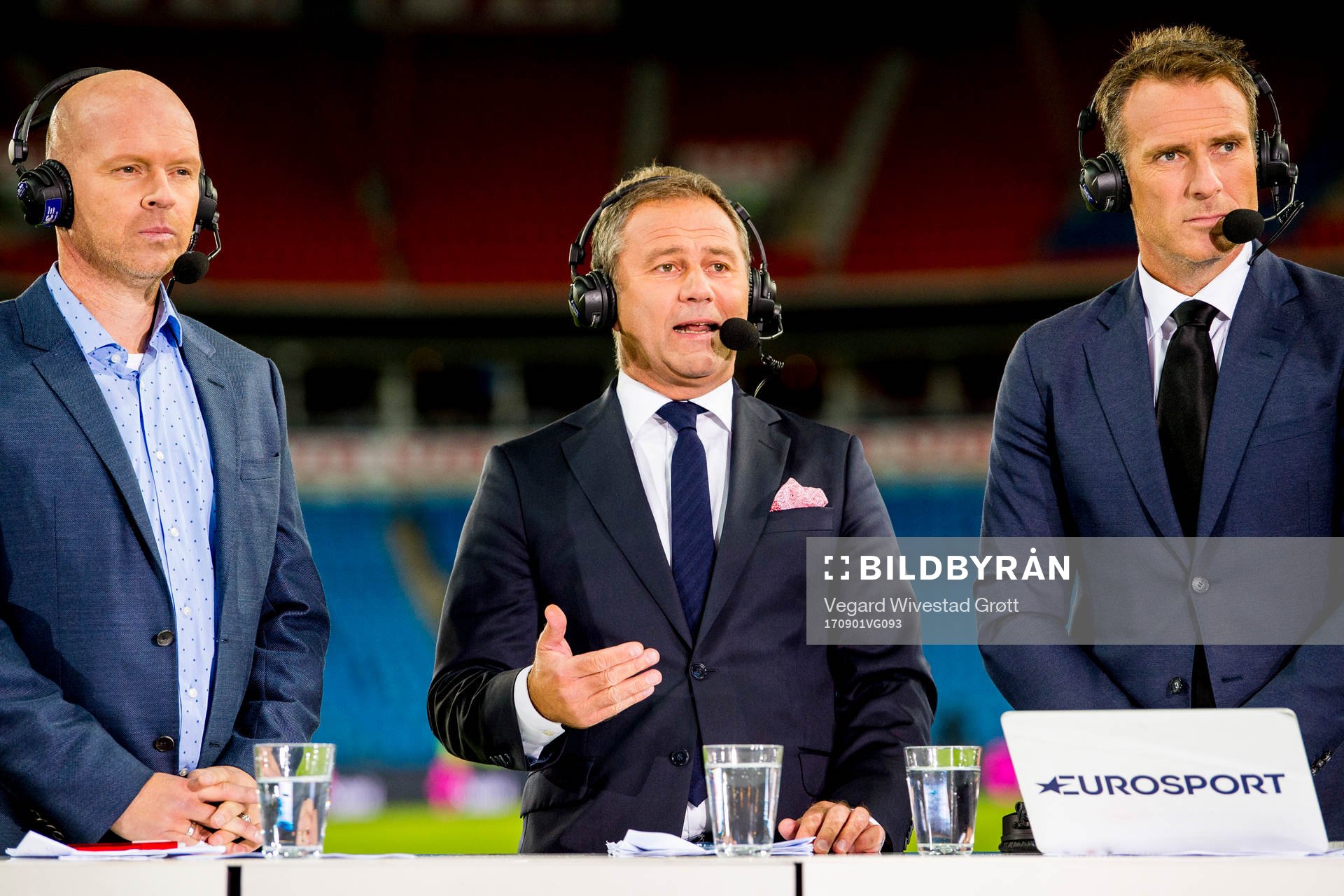 Henning Berg, Bengt Eriksen and host Carsten Skjelbreid during the FIFA World Cup Qualifier match between Norway and Azerbaijan on September 1, 2017 in Oslo.