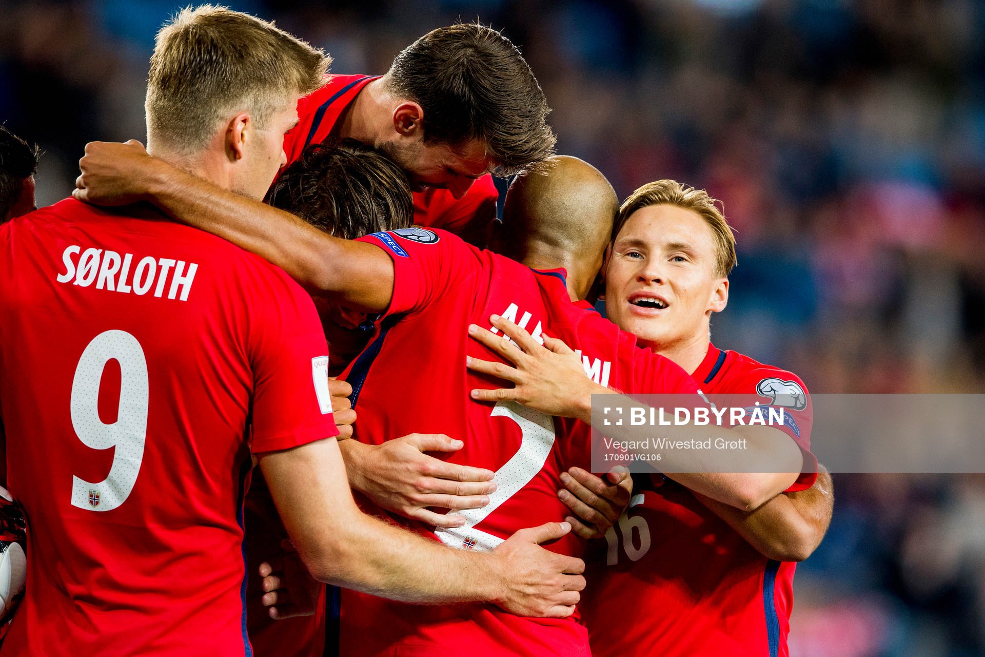 Alexander Sørloth, Håvard Nordtveit, Haitam Aleesami and Jonas Svensson of Norway celebrate after Norway score 2-0 during the FIFA World Cup Qualifier match between Norway and Azerbaijan on September 1, 2017 in Oslo.