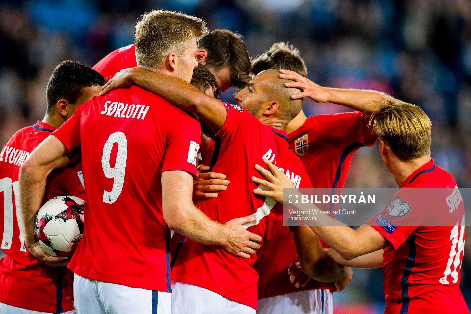 Mohamed Elyounoussi, Alexander Sørloth, Haitam Aleesami and Jonas Svensson of Norway celebrate after Norway score 2-0 during the FIFA World Cup Qualifier match between Norway and Azerbaijan on September 1, 2017 in Oslo. 