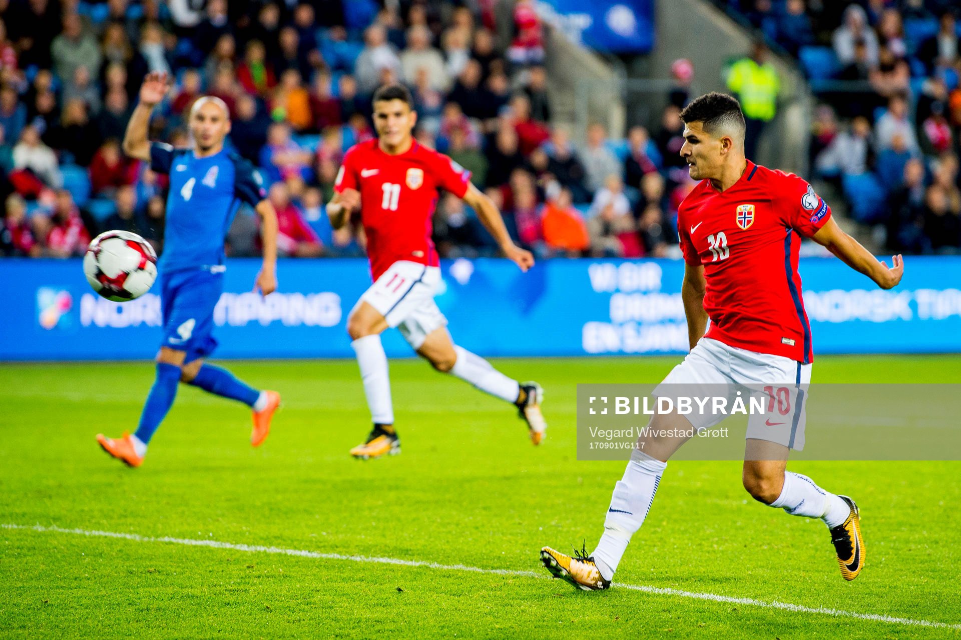 Tarik Elyounoussi of Norway scores a disallowed goal