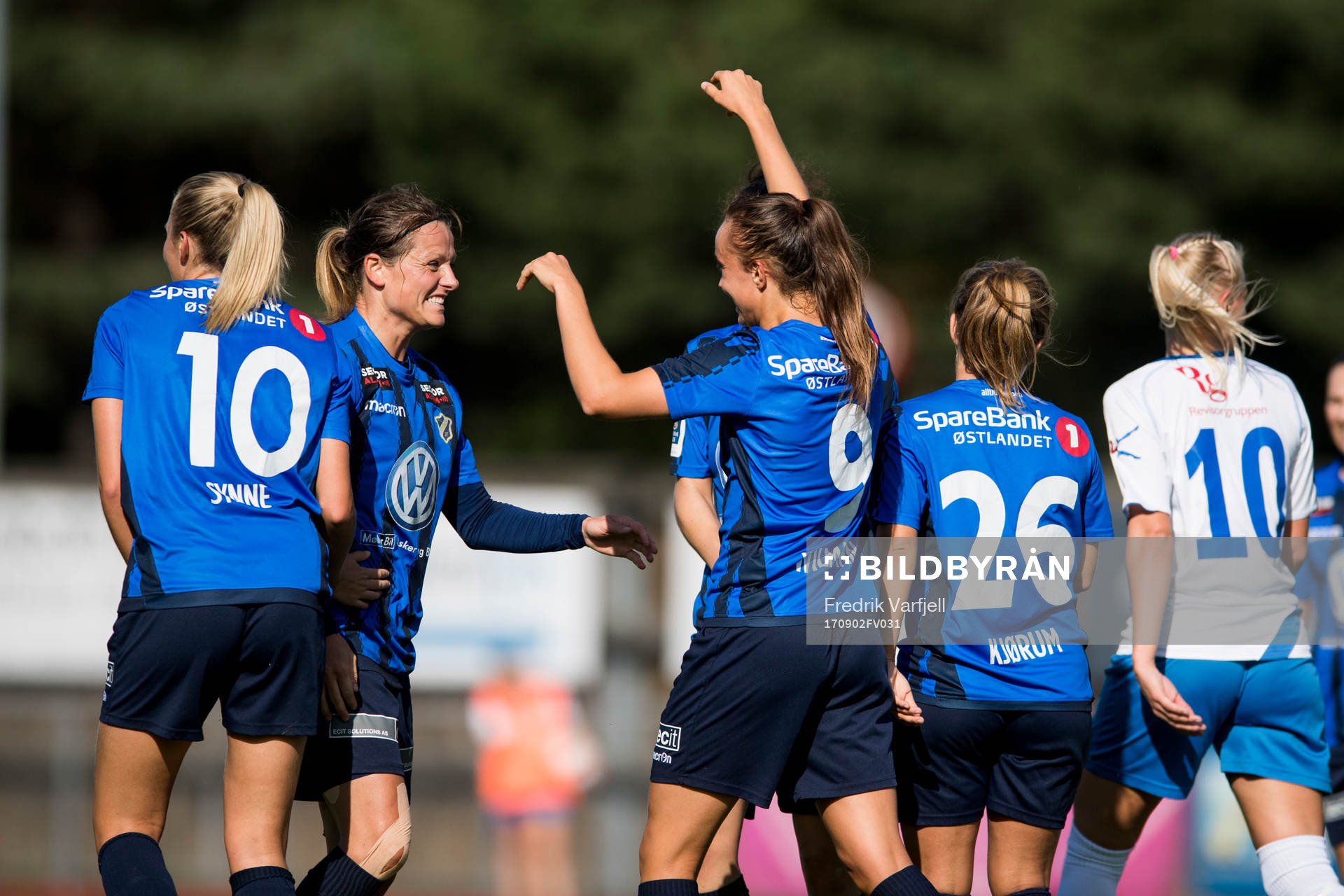 Andrea Wilmann celebrates with his teammates after scoring 2-0 during the Toppserien match between Kolbotn and Stabæk on September 2, 2017 in Oslo.