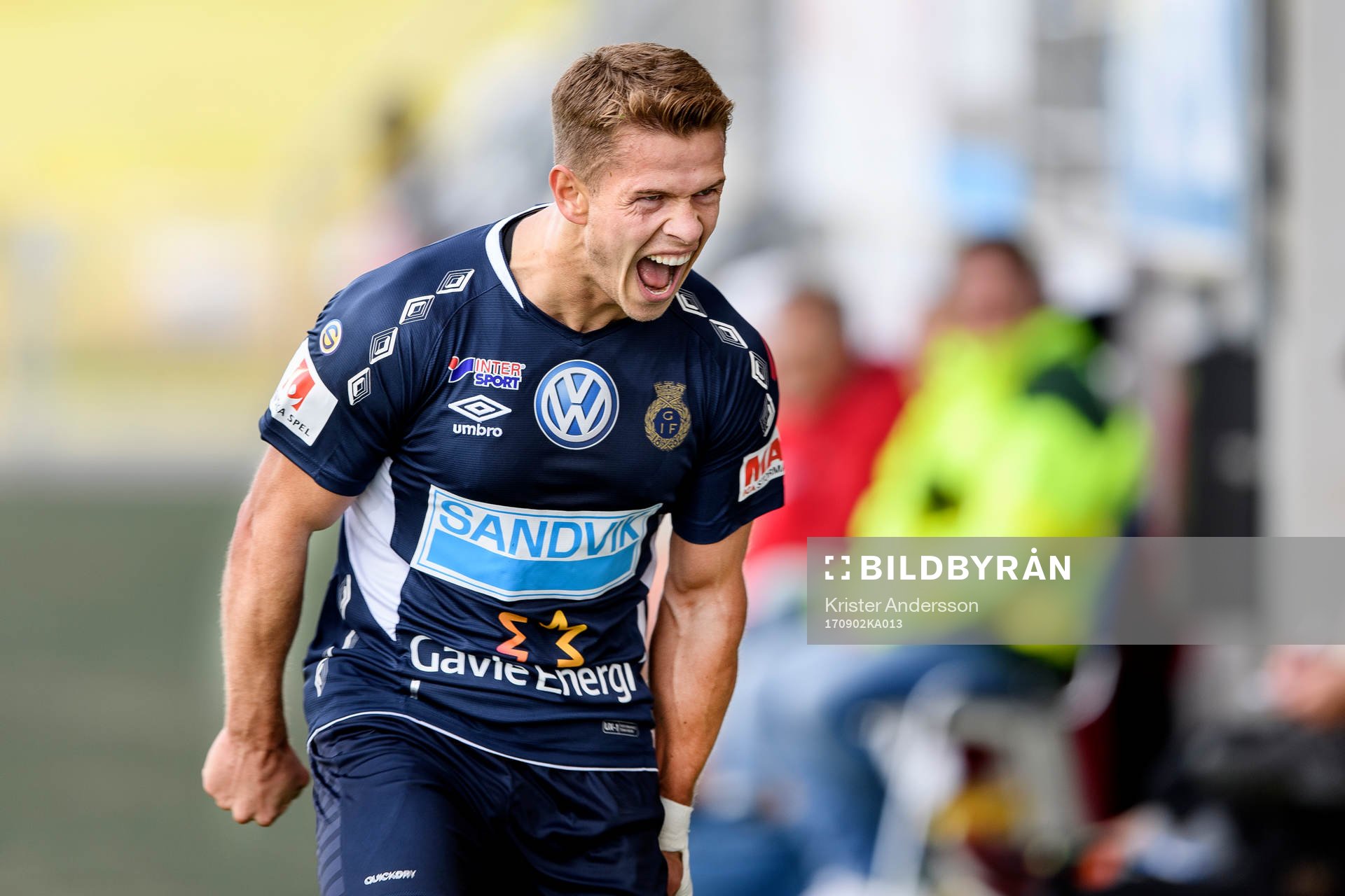 Gefles Bajram Ajeti jublar efter 0-2 under fotbollsmatchen i Superettan mellan Falkenberg och Gefle den 2 september 2017 i Falkenberg.