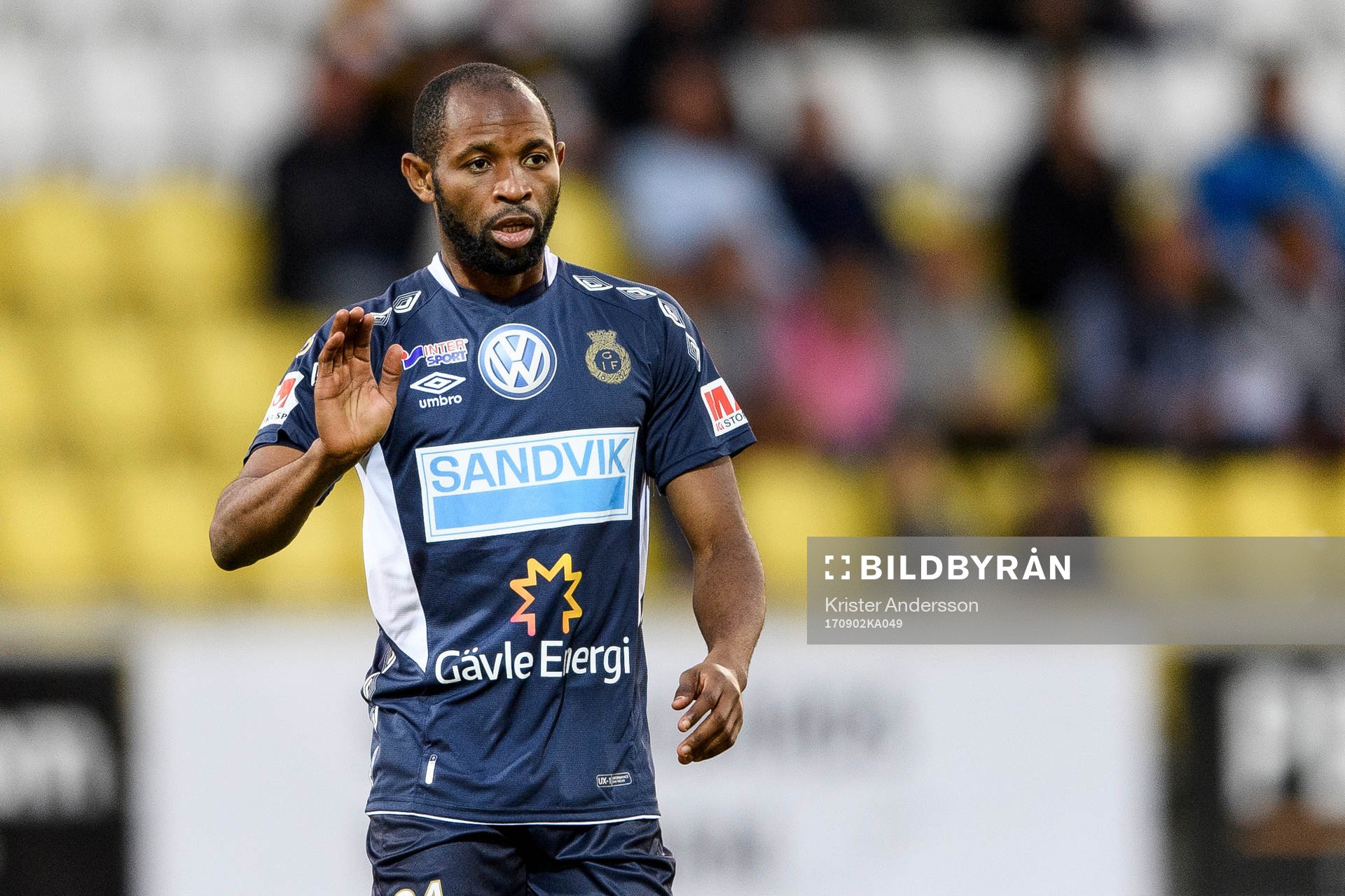 Gefles René Makondele Muzola under fotbollsmatchen i Superettan mellan Falkenberg och Gefle den 2 september 2017 i Falkenberg.