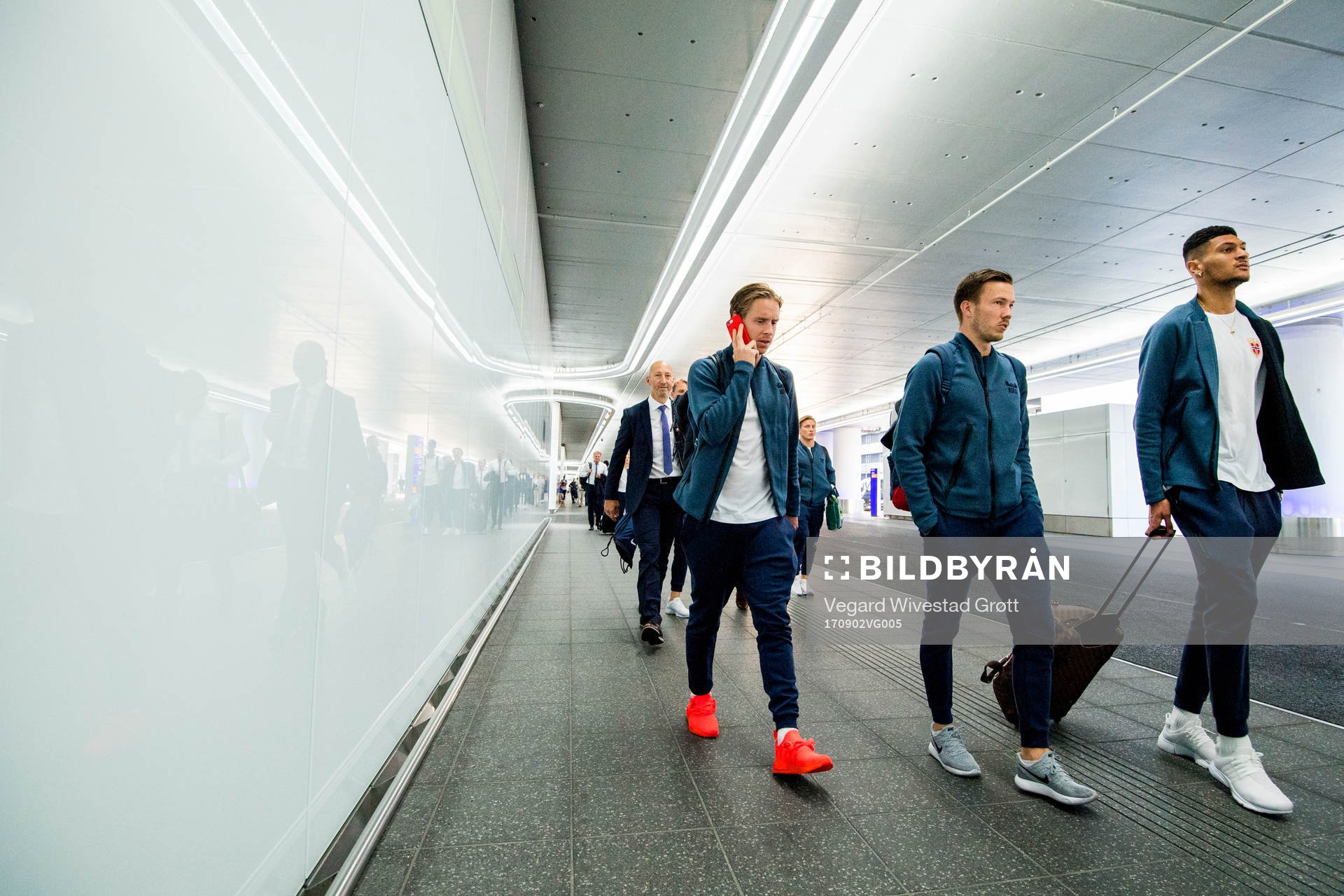Stefan Johansen, Martin Linnes and Bjørn Maars Johnsen arrive at the airport on September 2, 2017 in Frankfurt.