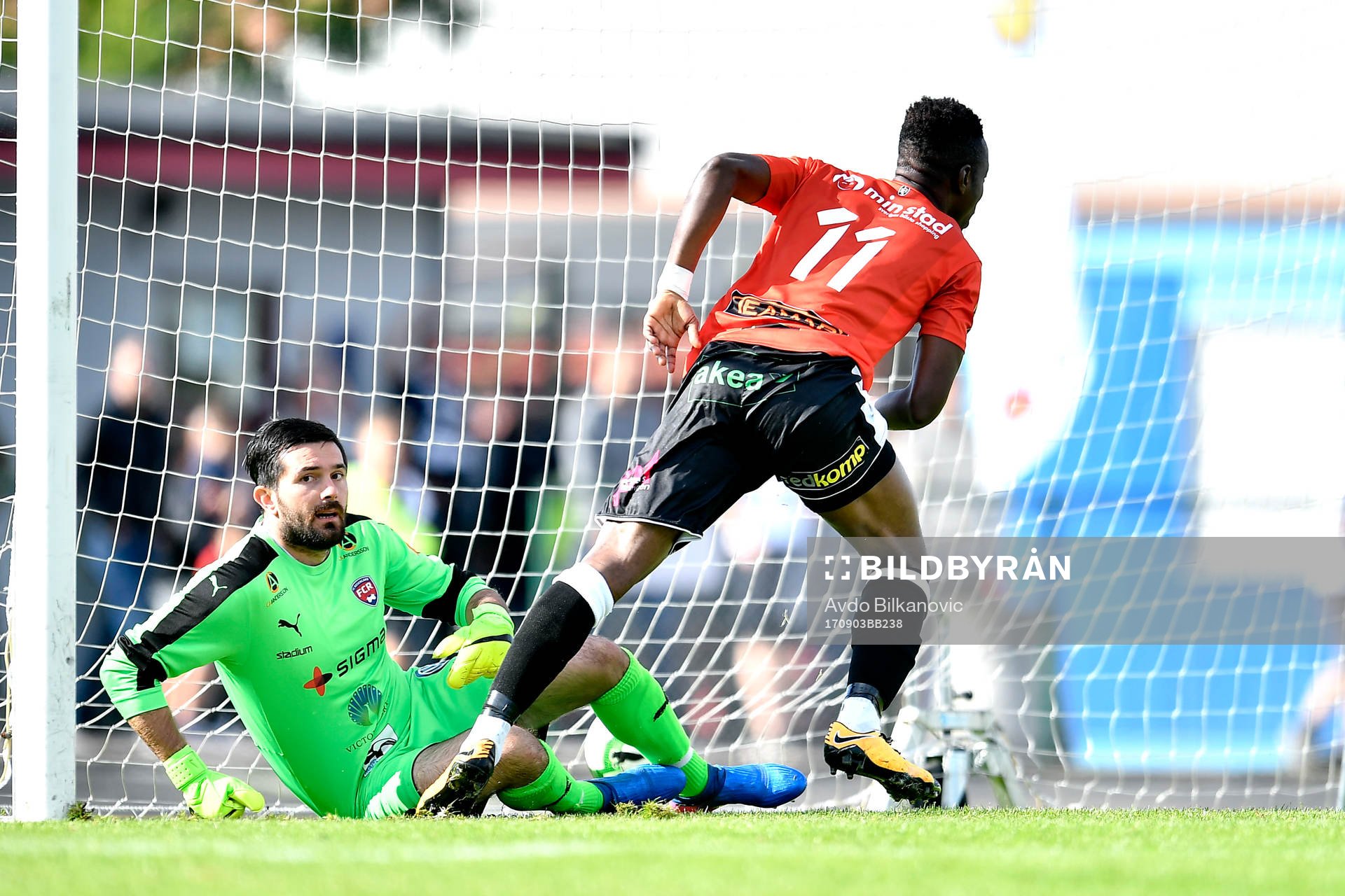 Landskronas Karim Sadat jublar efter 0-1 under fotbollsmatchen i Division 1 Södra mellan Rosengård och Landskrona den 3 september 2017 i Malmö.