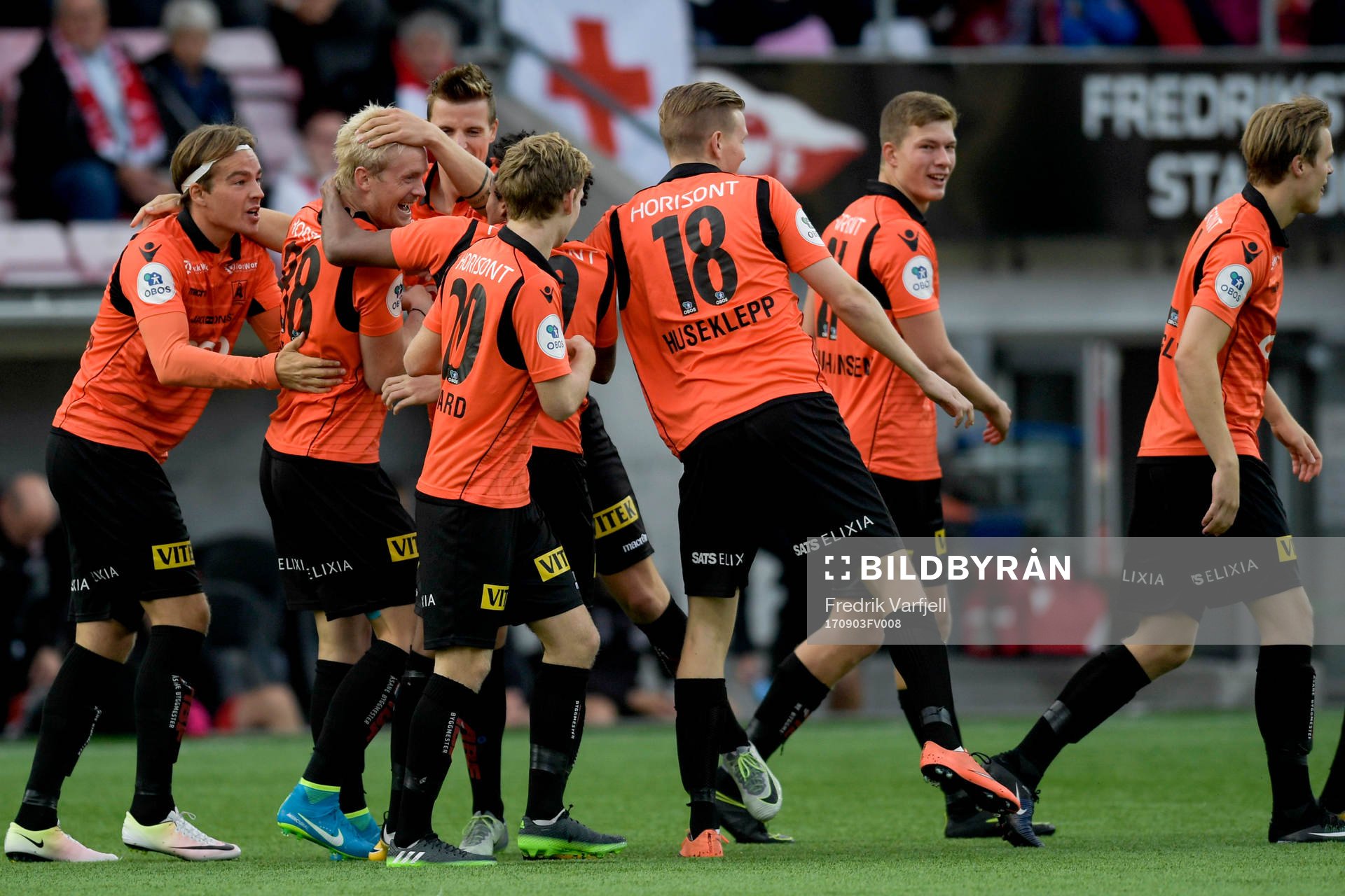 Geir André Herren of Åsane celebrates with his teammates after scoring 0-1 during the OBOS-ligaen match between Fredrikstad and Åsane on September 3, 2017 in Fredrikstad.