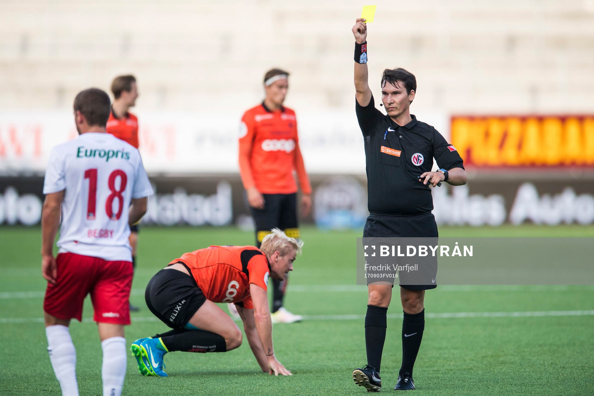 Ludvig Begby of Fredrikstad is shown a yellow card by the referee Per Erik Haugen during the OBOS-ligaen match between Fredrikstad and Åsane on September 3, 2017 in Fredrikstad.