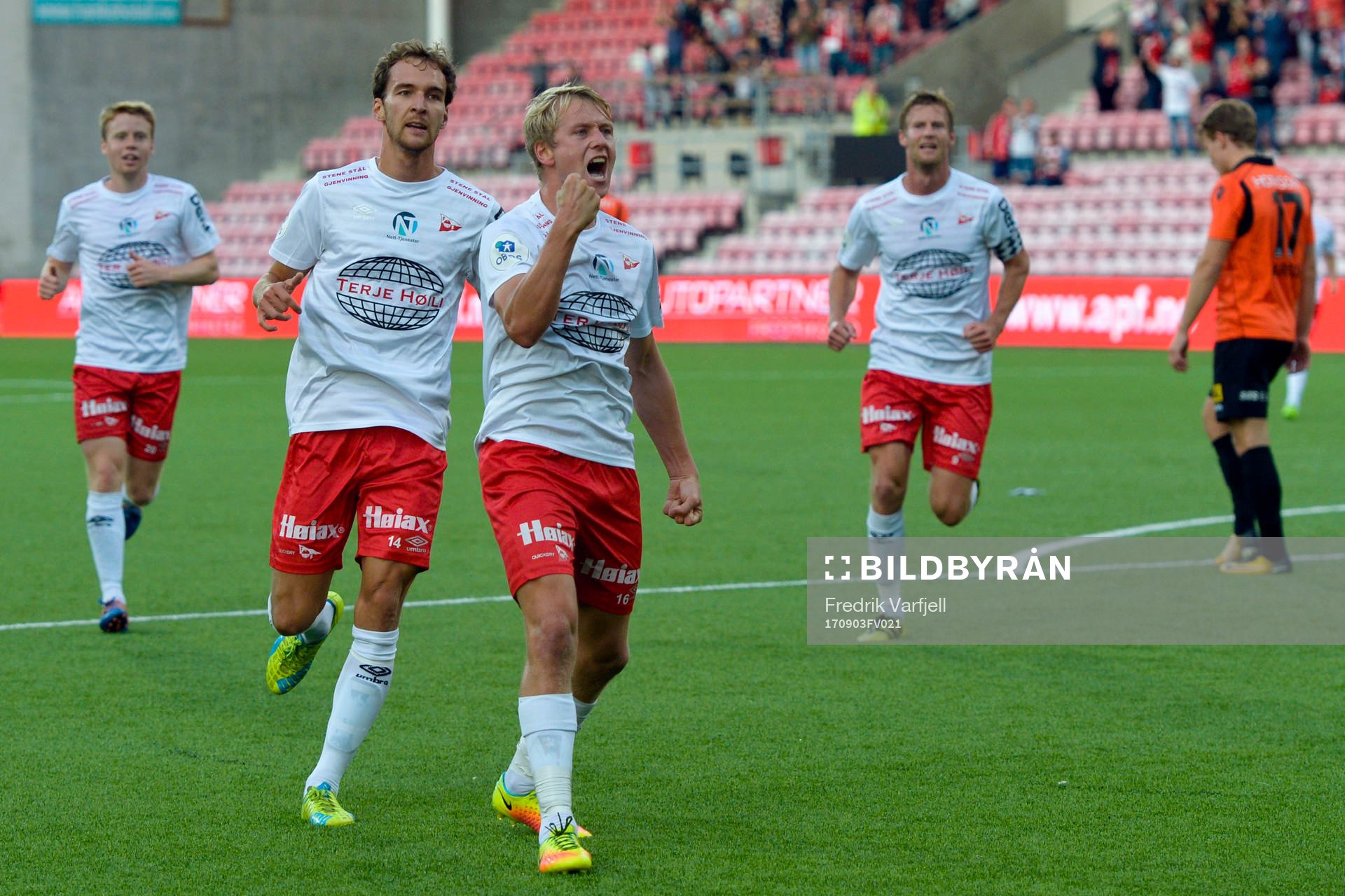 Filip Johansen Westgård of Fredrikstad celebrates with his teammates after scoring 2-1 during the OBOS-ligaen match between Fredrikstad and Åsane on September 3, 2017 in Fredrikstad.