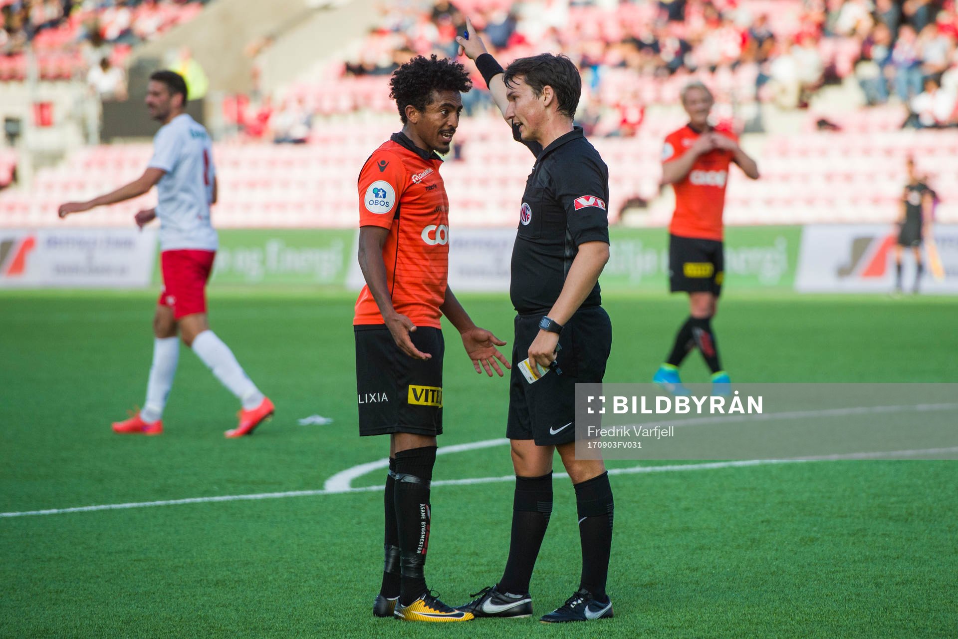 Senai Eyob Hagos of Åsane discuss with the referee Per Erik Haugen during the OBOS-ligaen match between Fredrikstad and Åsane on September 3, 2017 in Fredrikstad.