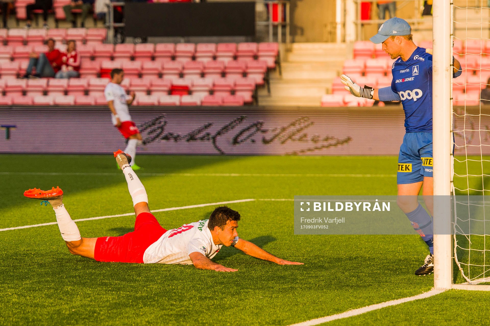 Sanel Kapidzic of Fredrikstad and Goalkeeper Eirik Østgaard of Åsane during the OBOS-ligaen match between Fredrikstad and Åsane on September 3, 2017 in Fredrikstad.
