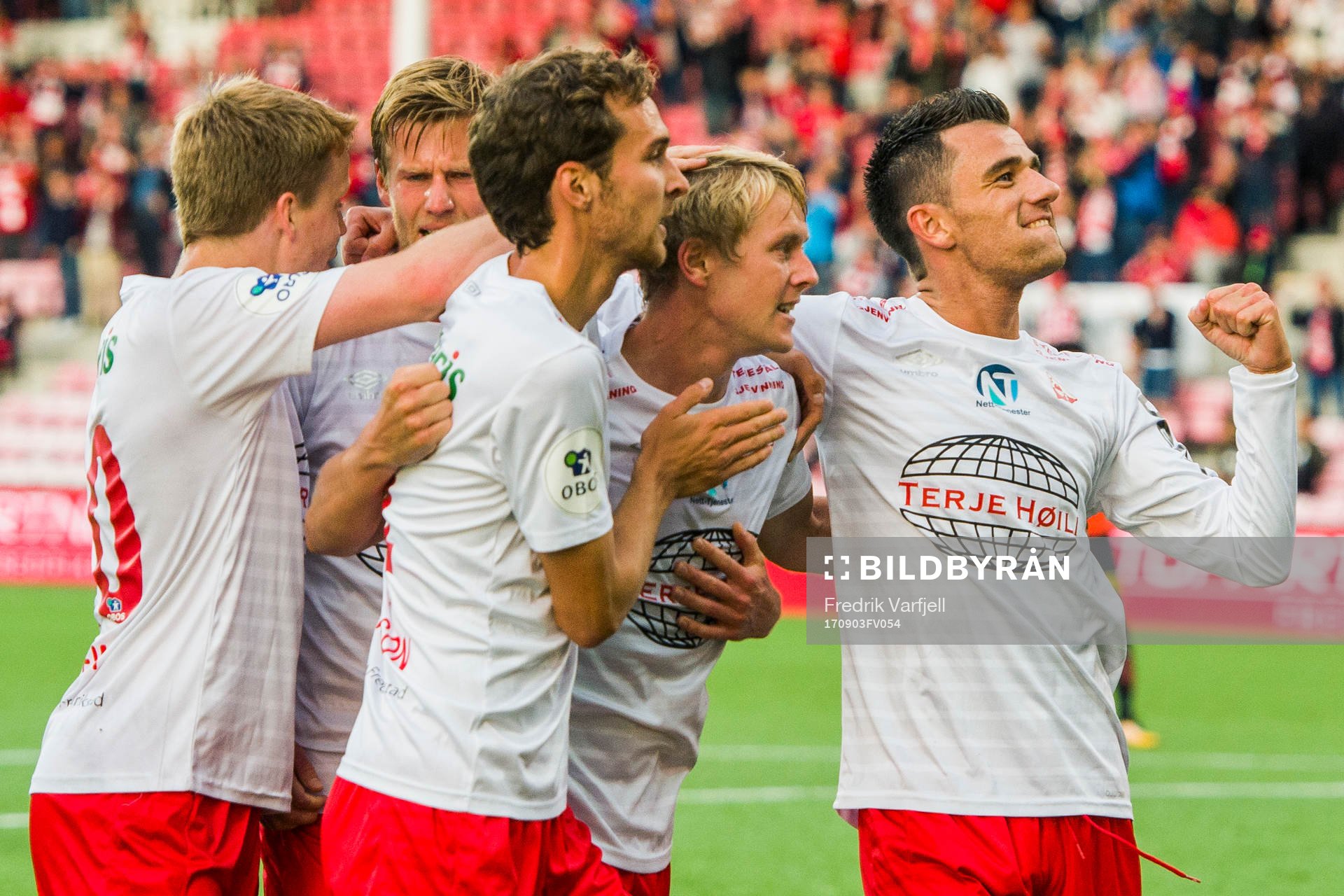 Filip Johansen Westgård of Fredrikstad celebrates with his teammates Håvard Huser Åsheim, Ulrik Flo, Alexander Henningsson and Rocky Lekaj after scoring 2-1 during the OBOS-ligaen match between Fredrikstad and Åsane on September 3, 2017 in Fredrikstad.