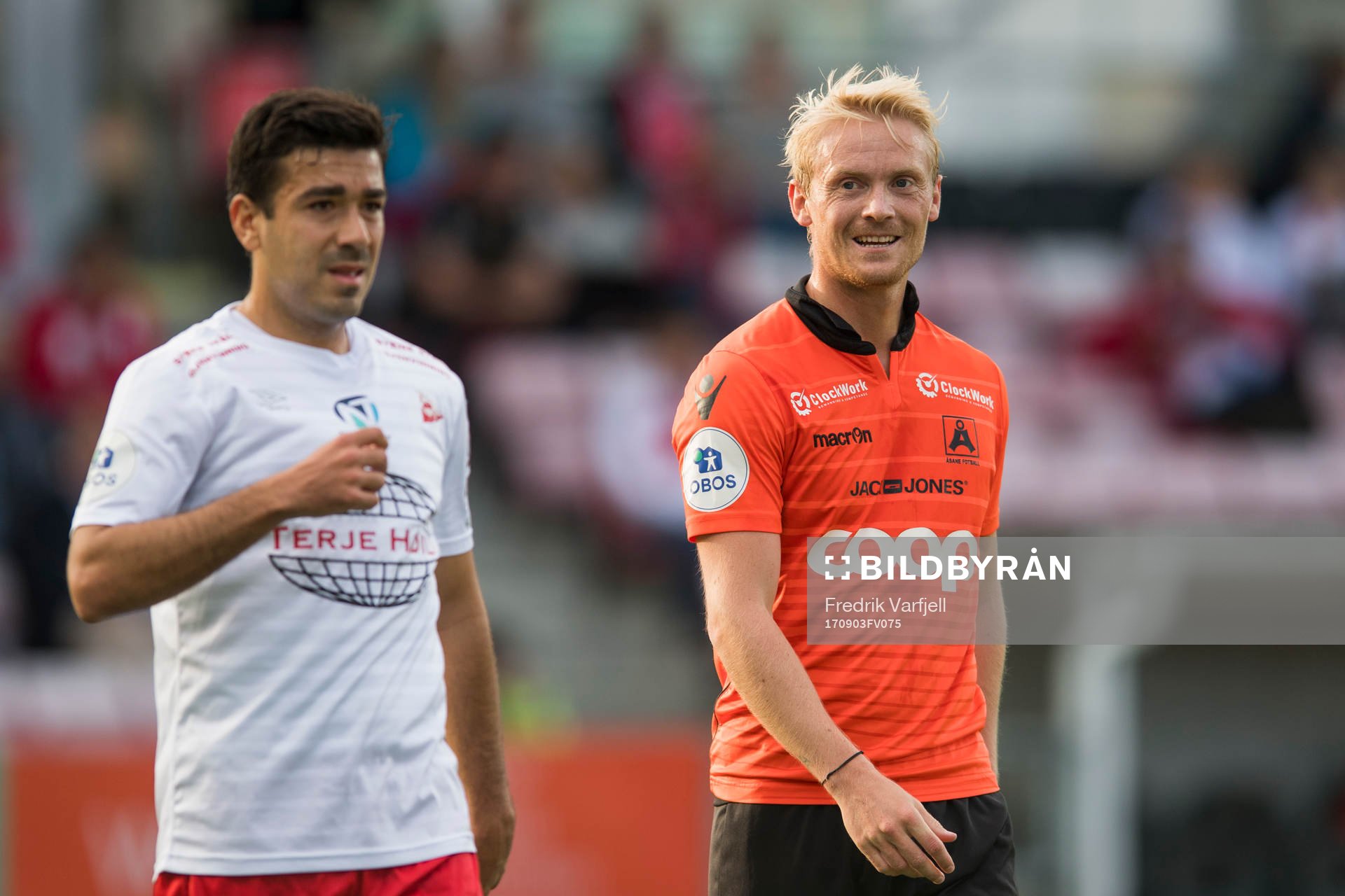 Sanel Kapidzic of Fredrikstad and Geir André Herren of Åsane during the OBOS-ligaen match between Fredrikstad and Åsane on September 3, 2017 in Fredrikstad.