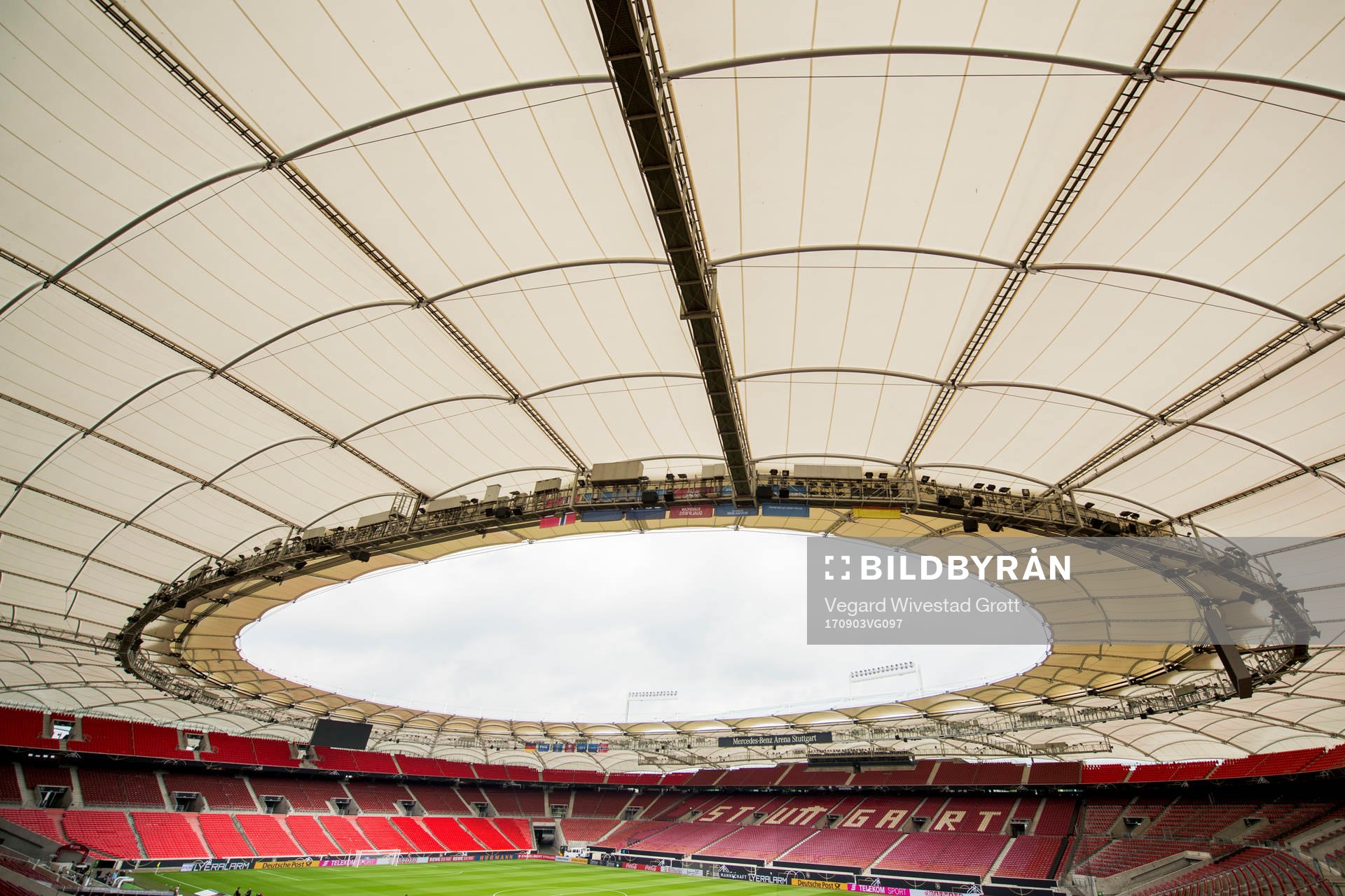 General view of Mercedes-Benz Arena ahead of Norway's training session on September 3, 2017 in Stuttgart.