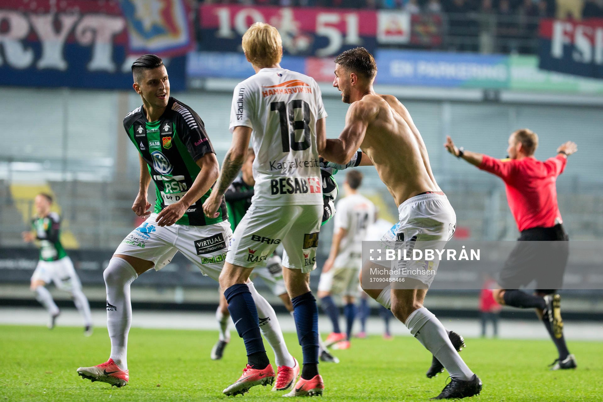 GAIS Alibek Aliev jublar ihop med Luka Mijaljevic efter att ha skjutit 2-1 som blir bortdömt av domare Jim Petersson under fotbollsmatchen i Superettan mellan GAIS och Örgryte den 4 september 2017 i Göteborg.