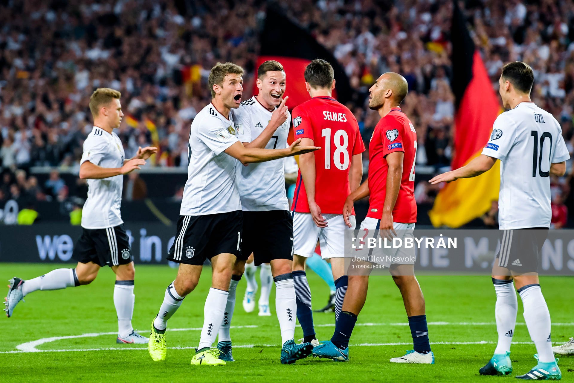Thomas Müller and Julian Draxler of Germany celebrates the 2-0 goal during the FIFA World Cup Qualifier match between Germany and Norway on September 4, 2017 in Stuttgart.