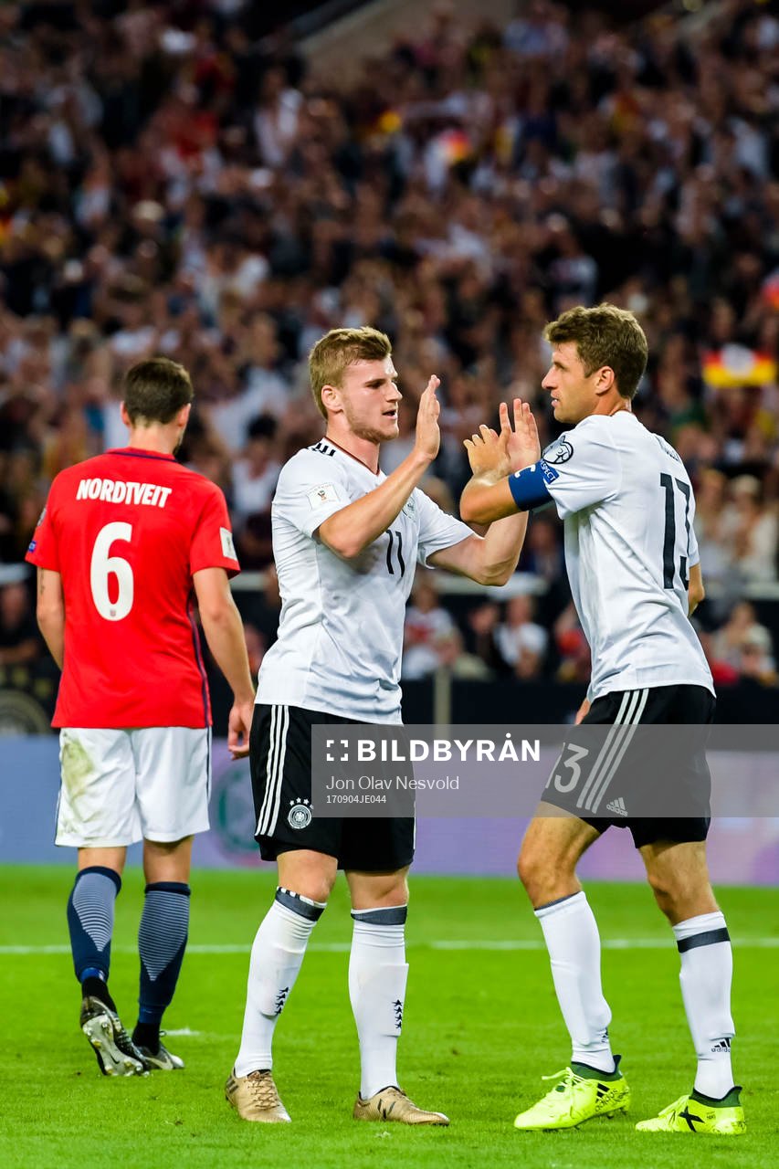 Thomas Müller and Timo Werner of Germany celebrates the 3-0 goal during the FIFA World Cup Qualifier match between Germany and Norway on September 4, 2017 in Stuttgart.