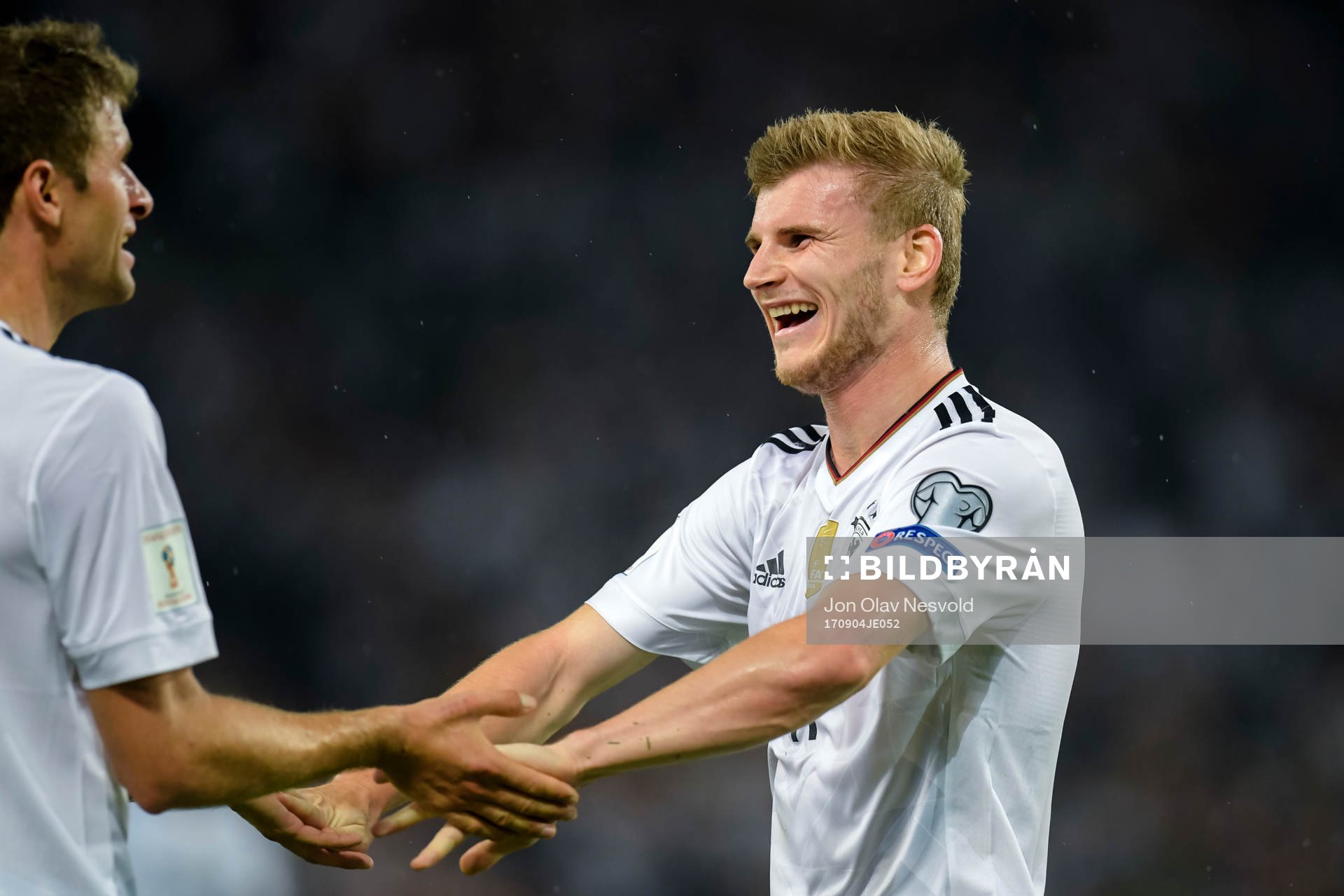 Thomas Müller and Timo Werner of Germany celebrates the 4-0 goal during the FIFA World Cup Qualifier match between Germany and Norway on September 4, 2017 in Stuttgart.