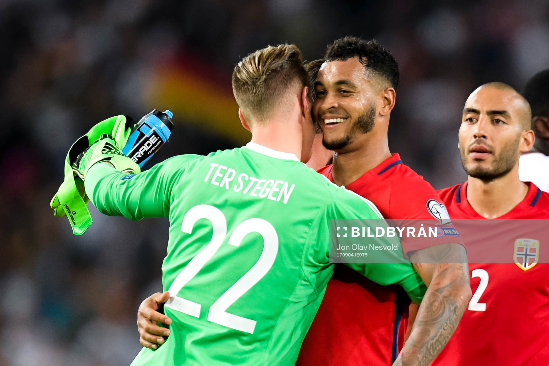 Goalkeeper Marc-André ter Stegen and Joshua King of Norway after the FIFA World Cup Qualifier match between Germany and Norway on September 4, 2017 in Stuttgart.
