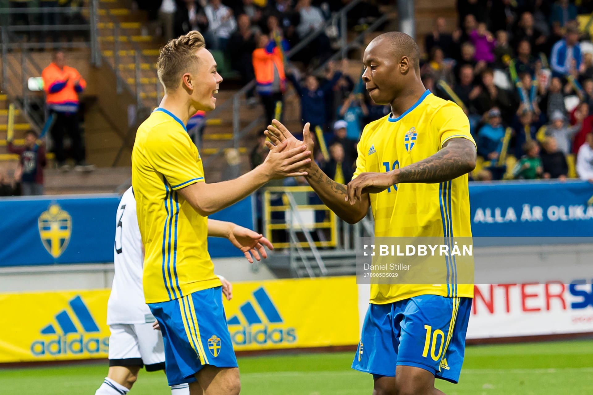 Sveriges Joel Andersson jublar med Carlos Strandberg som