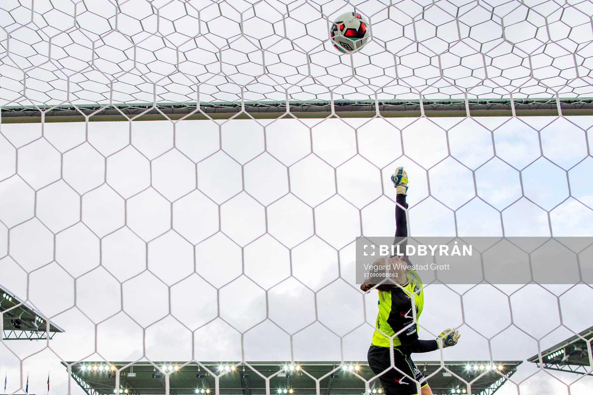 Goalkeeper Aurora Mikalsen of Kolbotn makes a save during the Toppserien match between Vålerenga and Kolbotn on September 9, 2017 in Oslo.