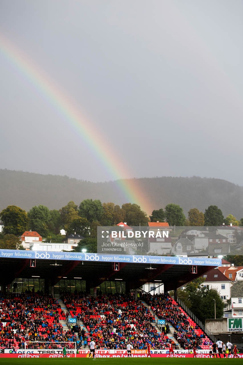 A rainbow is seen over the arena