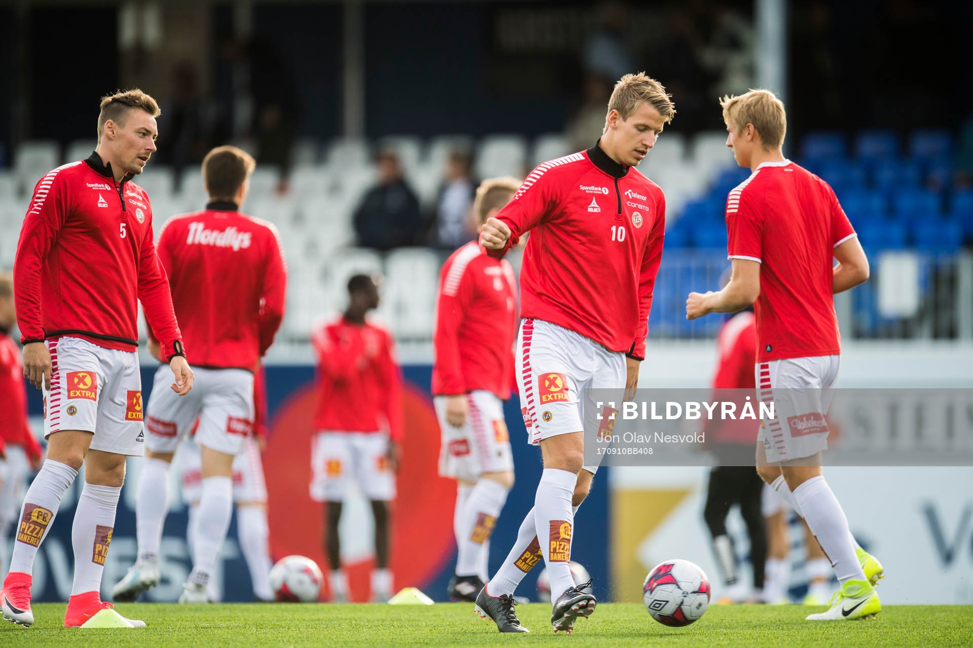 Magnar Ødegård and Thomas Lehne Olsen of Tromsø during the warm up ahead of the Eliteserien match between Kristiansund and Tromsø on September 10, 2017 in Kristiansund.