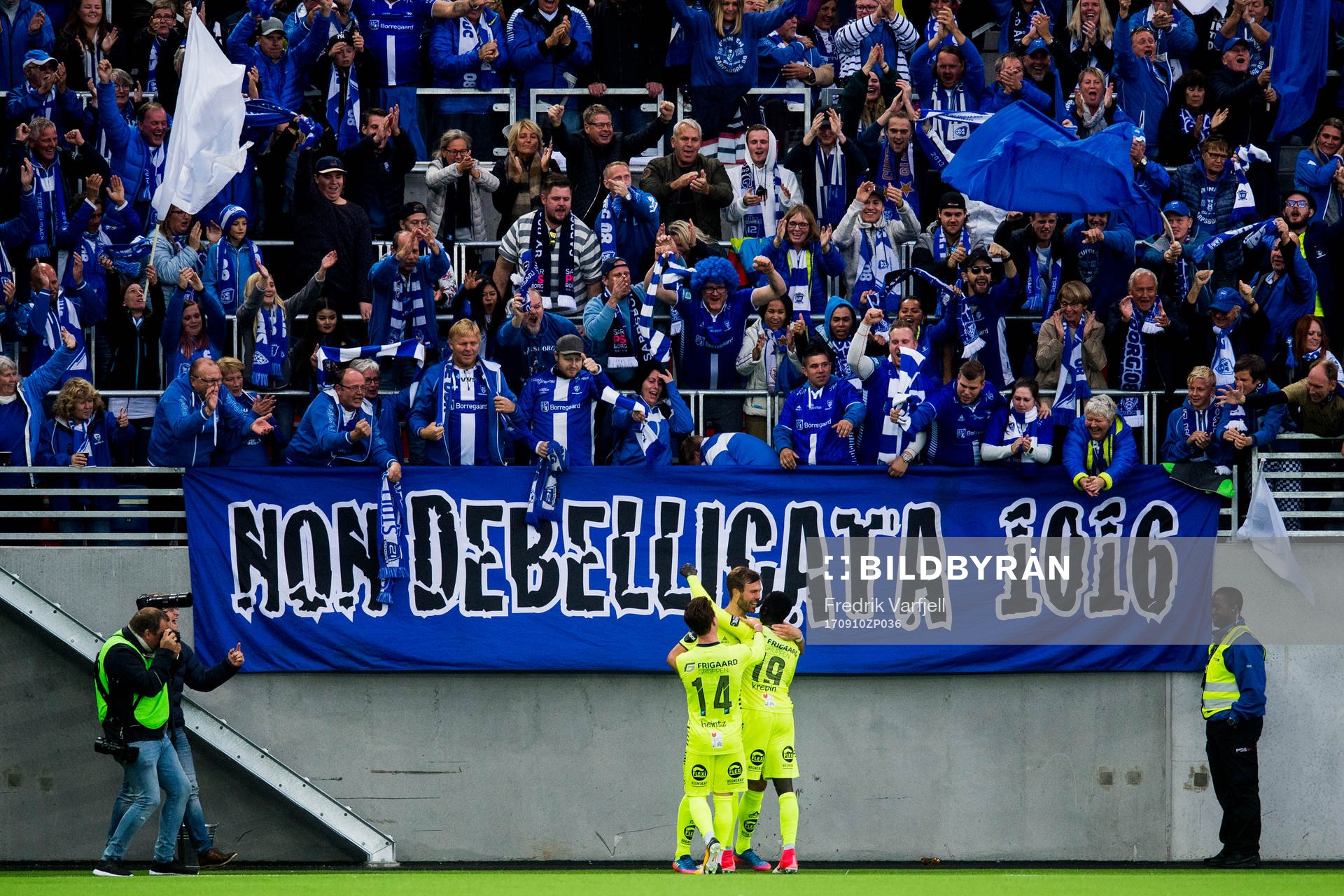 Krepin Diatta, of Sarpsborg, celebrates with his teammates