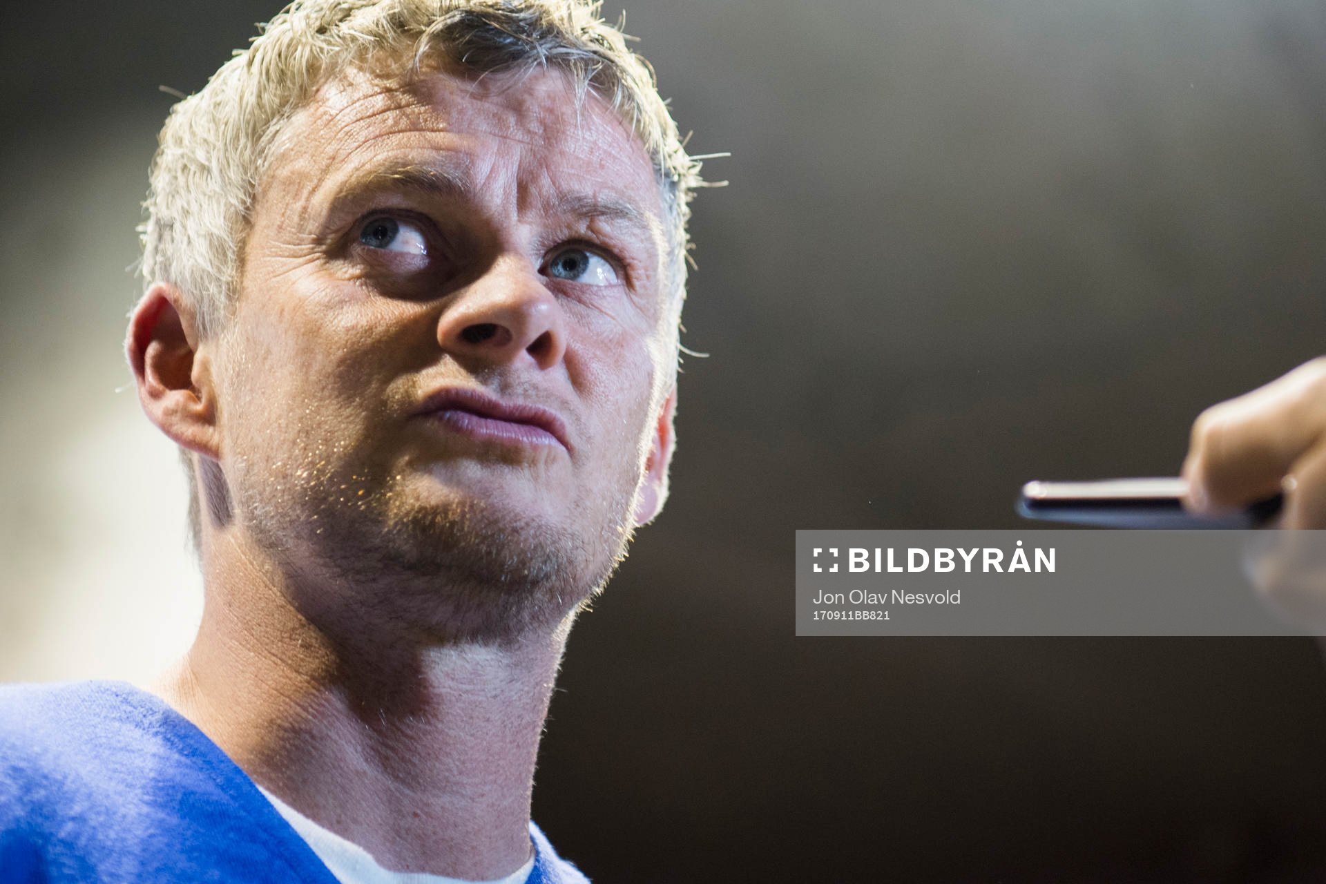 Ole Gunnar Solskjær, manager of Molde, speaks with media