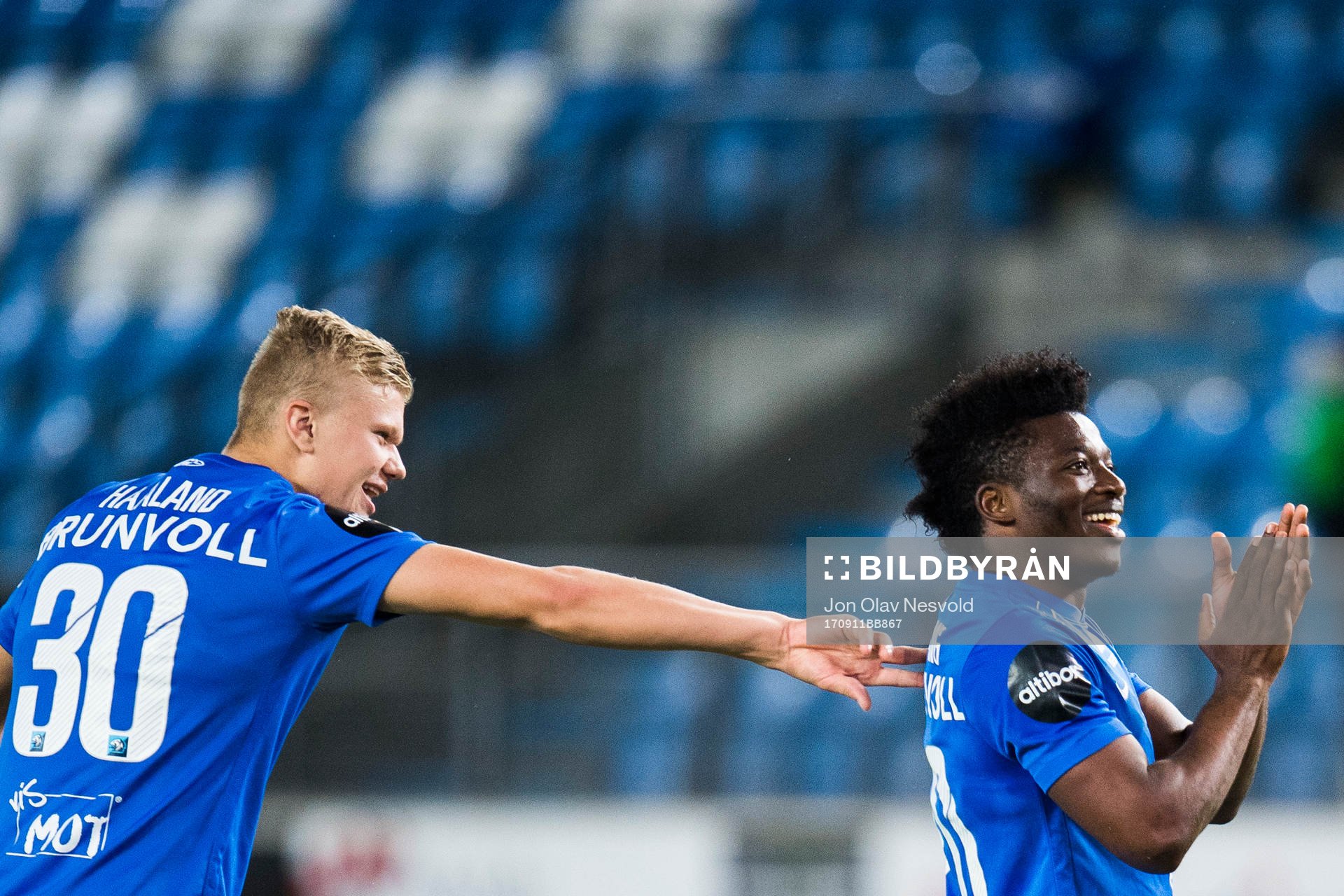 Erling Braut Haaland and Thomas Amang of Molde celebrate