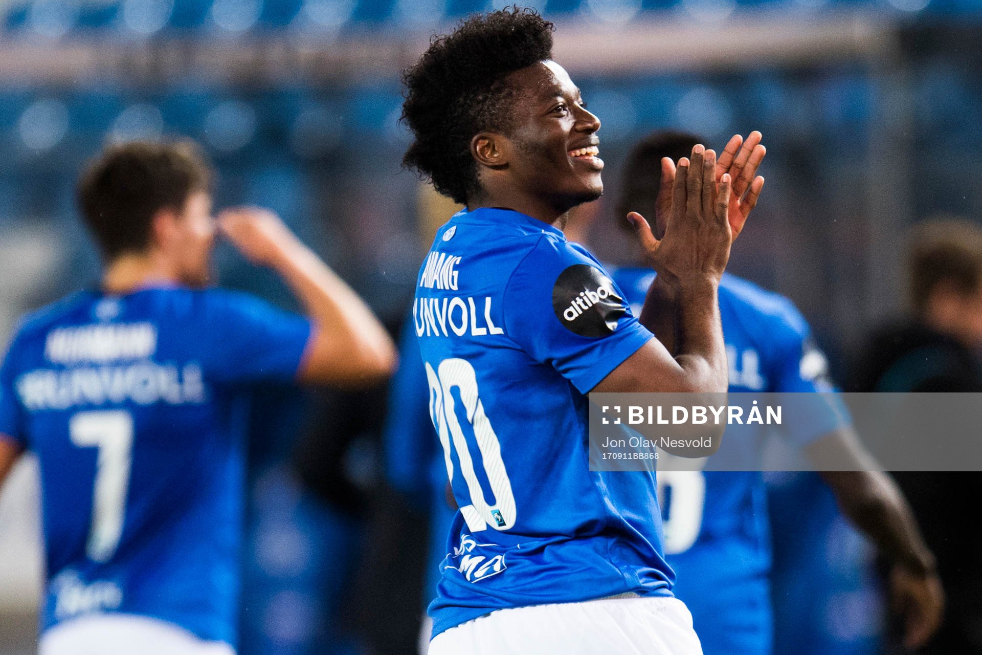Thomas Amang of Molde celebrate after the Eliteserien match between Molde and Odd on September 11, 2017 in Molde.
