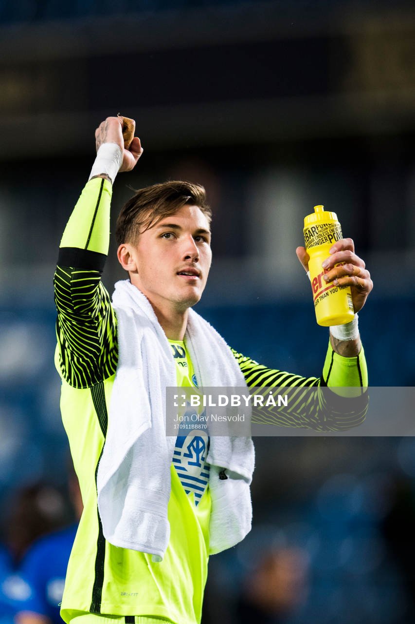 Goalkeeper Andreas Christopher Linde of Molde celebrates after the Eliteserien match between Molde and Odd on September 11, 2017 in Molde.