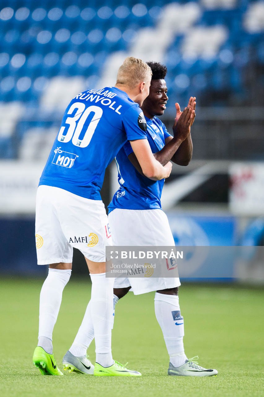 Erling Braut Haaland and Thomas Amang of Molde celebrate after the Eliteserien match between Molde and Odd on September 11, 2017 in Molde.