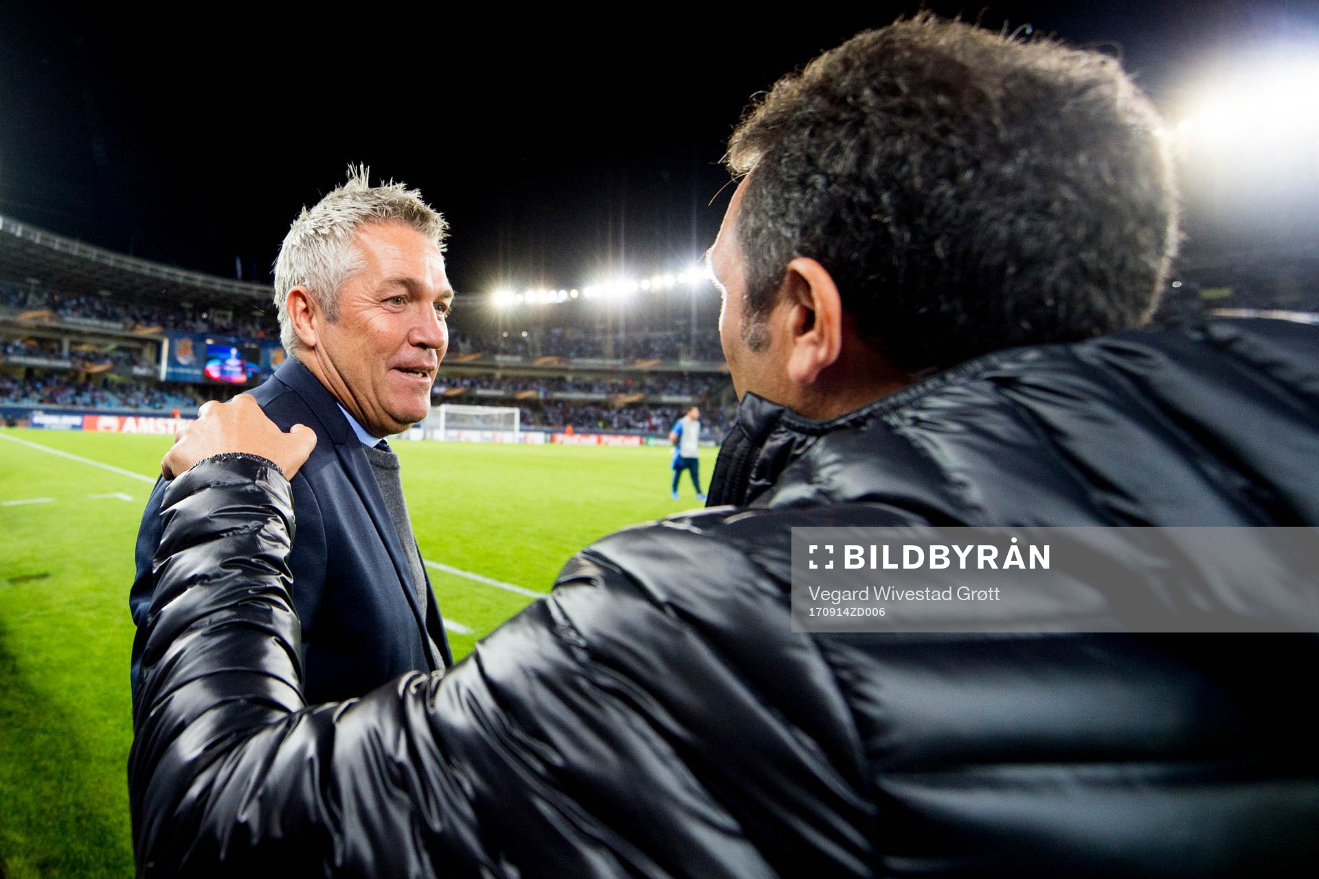 Kåre Ingebrigtsen, head coach of Rosenborg, and Eusebio Sacristan, head coach of Real Sociedad, ahead of the UEFA Europa League match between Real Sociedad and Rosenborg on September 14, 2017 in San Sebastian.