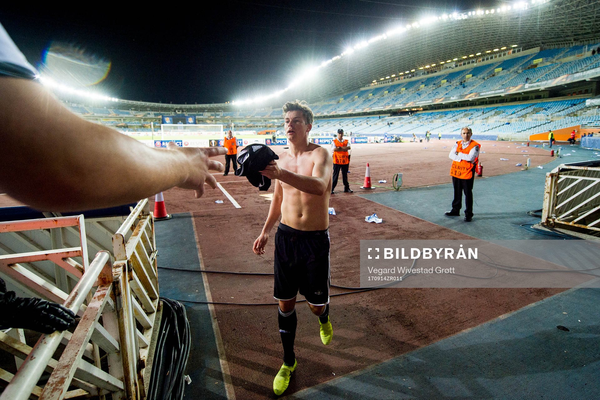 Pål André Helland of Rosenborg gives away his shirt after the UEFA Europa League match between Real Sociedad and Rosenborg on September 14, 2017 in San Sebastian.