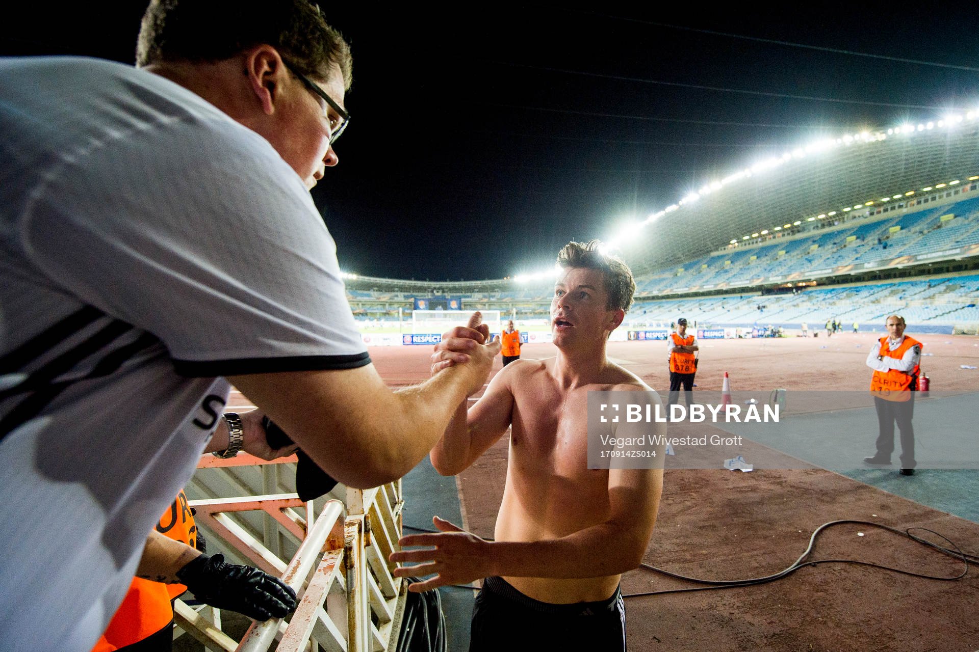 Pål André Helland of Rosenborg gives away his shirt after the UEFA Europa League match between Real Sociedad and Rosenborg on September 14, 2017 in San Sebastian.