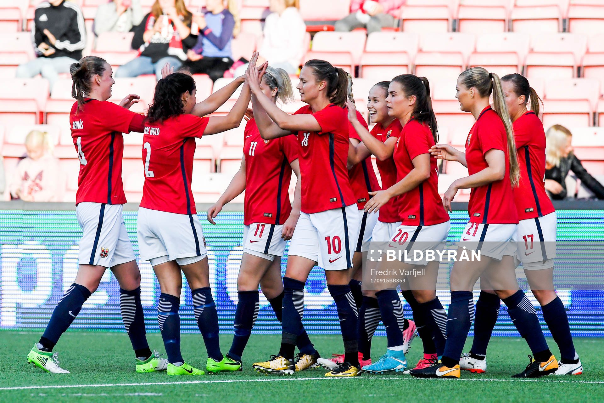 Guro Reiten of Norway celebrates with her teammates after scoring 1-0 in action during the FIFA Women's World Cup Qualifier match between Norway and Northern Ireland on September 15, 2017 in Fredrikstad.