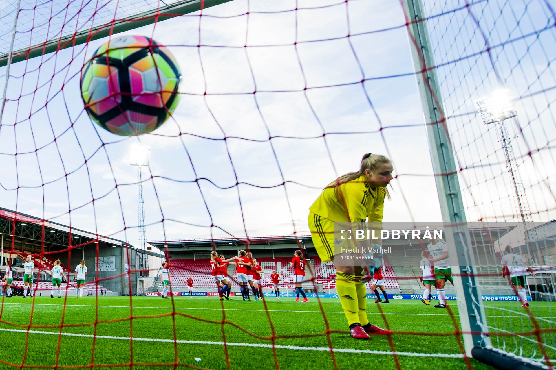 Caroline Graham Hansen of Norway celebrates with her teammates after scoring 2-0 on a penalty behind goalkeeper Lauren Perry of Northern Ireland during the FIFA Women's World Cup Qualifier match between Norway and Northern Ireland on September 15, 2017 in Fredrikstad.