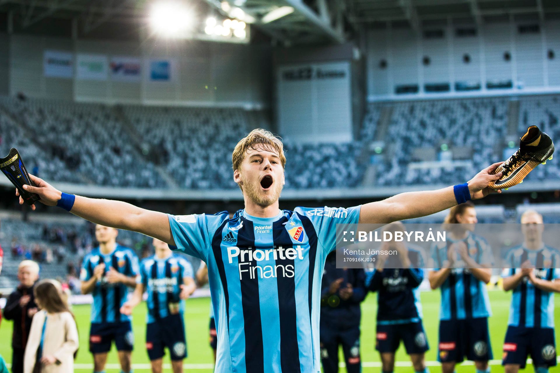 Djurgårdens Felix Beijmo jublar efter fotbollsmatchen i Allsvenskan mellan Djurgården och Örebro den 16 September 2017 i Stockholm. 