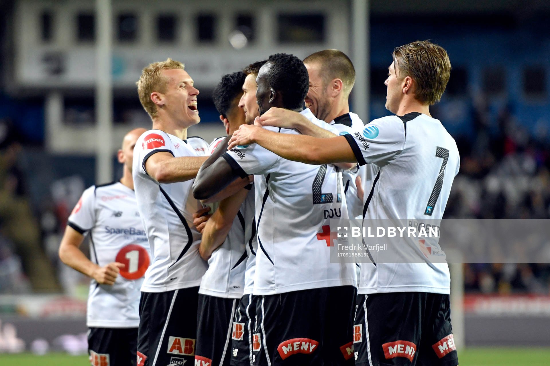 Elbasan Rashani of Odd celebrates with his teammates after scoring 3-0 during the Eliteserien match between Odd and Aalesund on September 18, 2017 in Skien