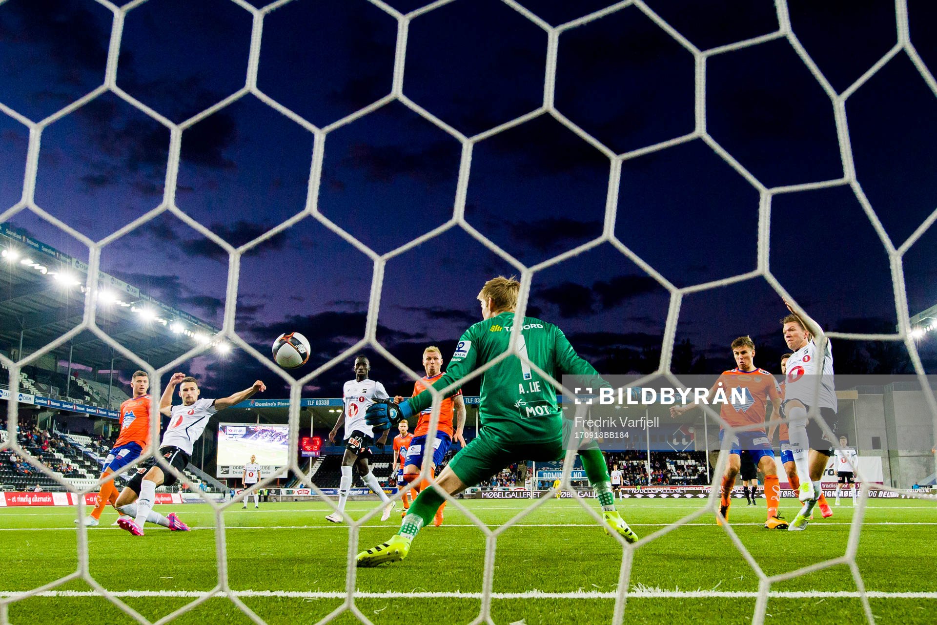Elbasan Rashani of Odd scores 3-0 behind Goalkeeper Andreas