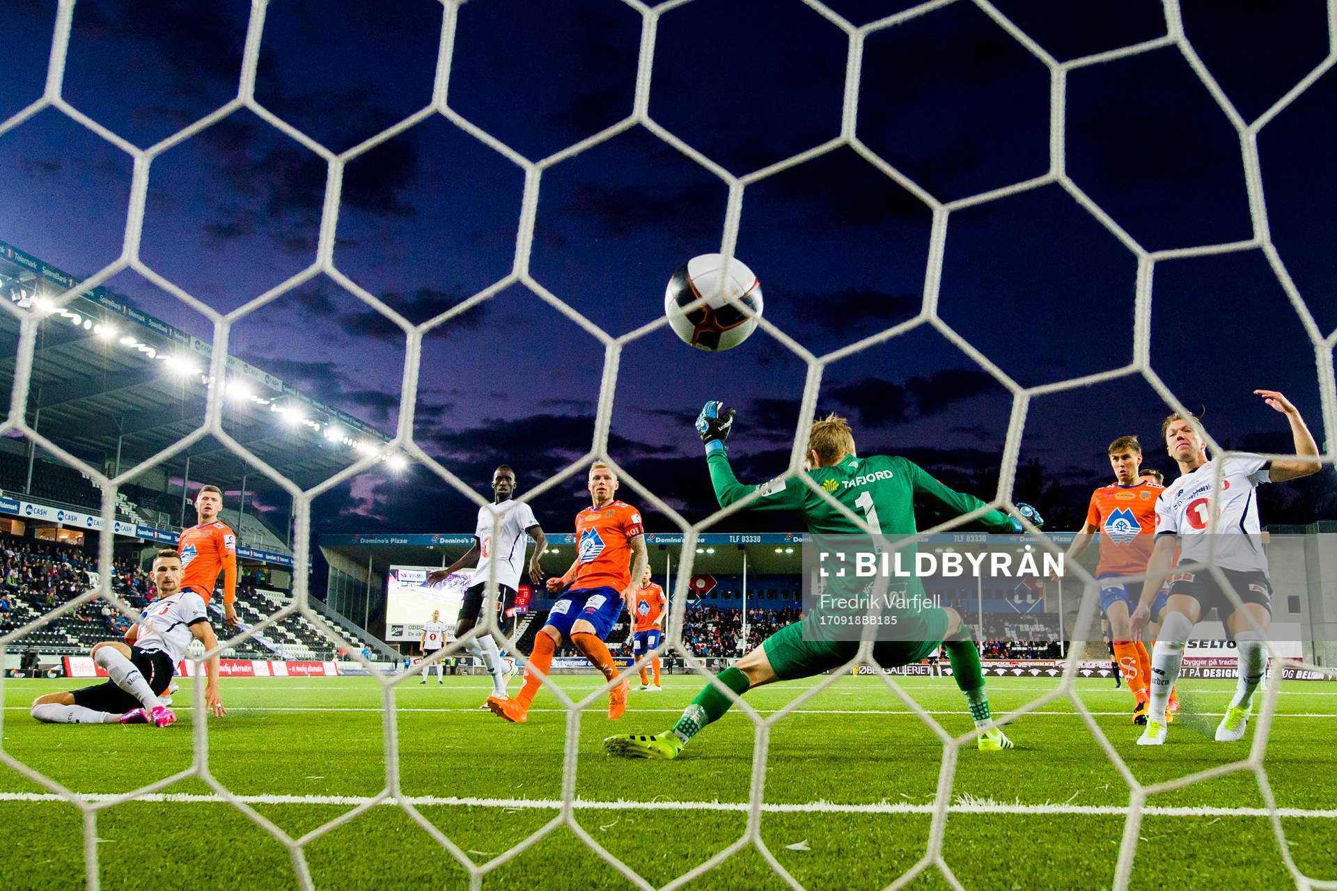 Elbasan Rashani of Odd scores 3-0 behind Goalkeeper Andreas