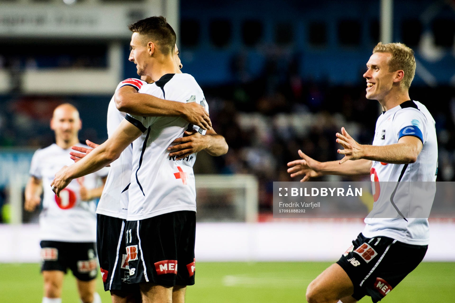 Elbasan Rashani of Odd celebrates with his teammates after scoring 3-0 during the Eliteserien match between Odd and Aalesund on September 18, 2017 in Skien