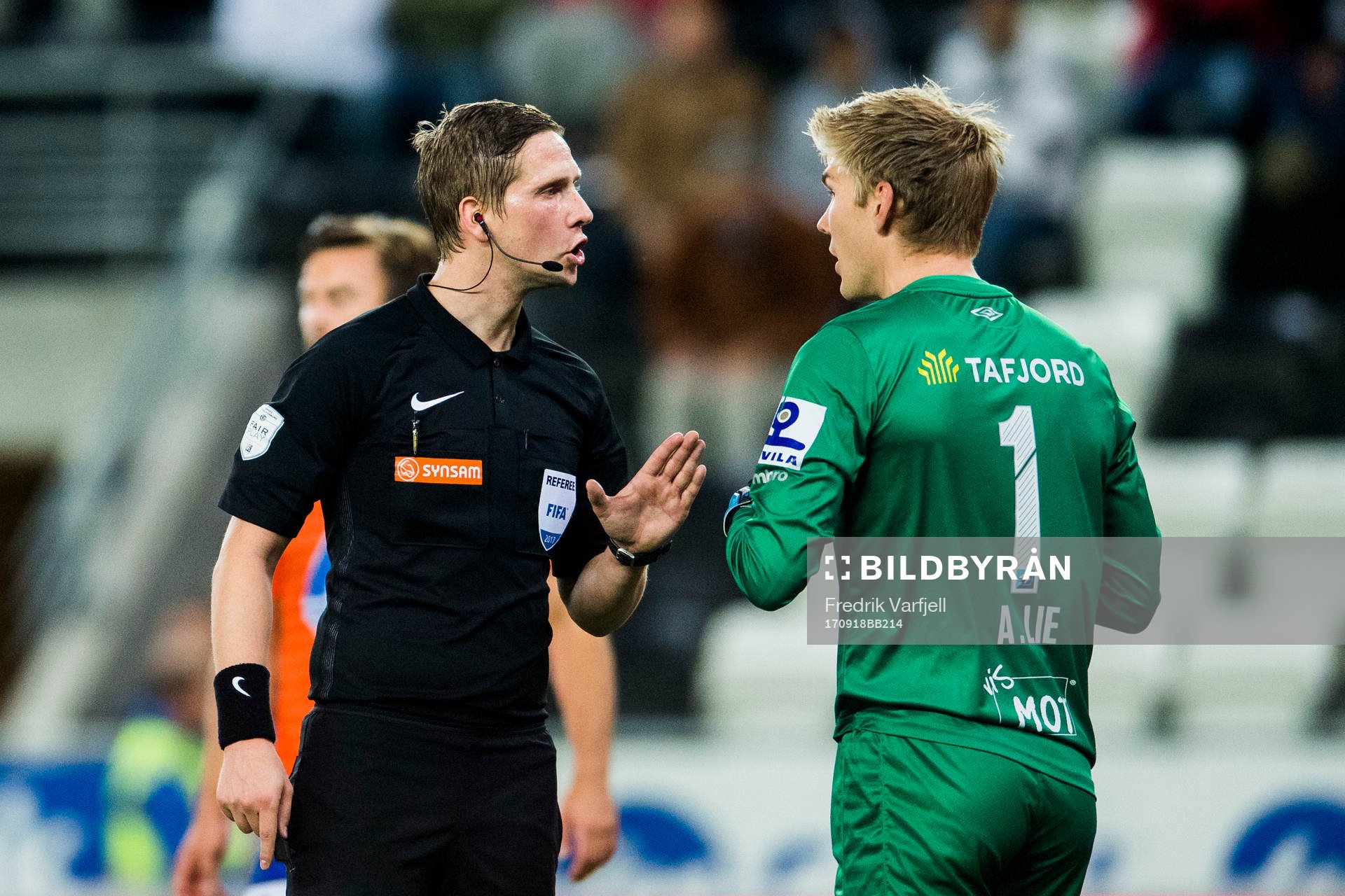 Goalkeeper Andreas Lie of Aalesund discuss with The Referee