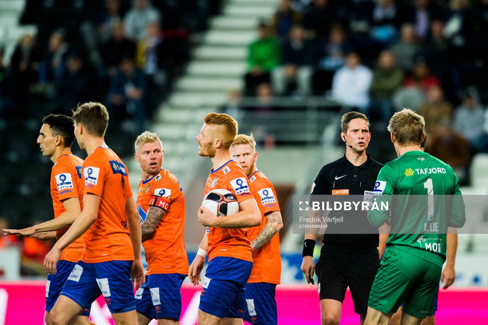 Goalkeeper Andreas Lie of Aalesund discuss with The Referee