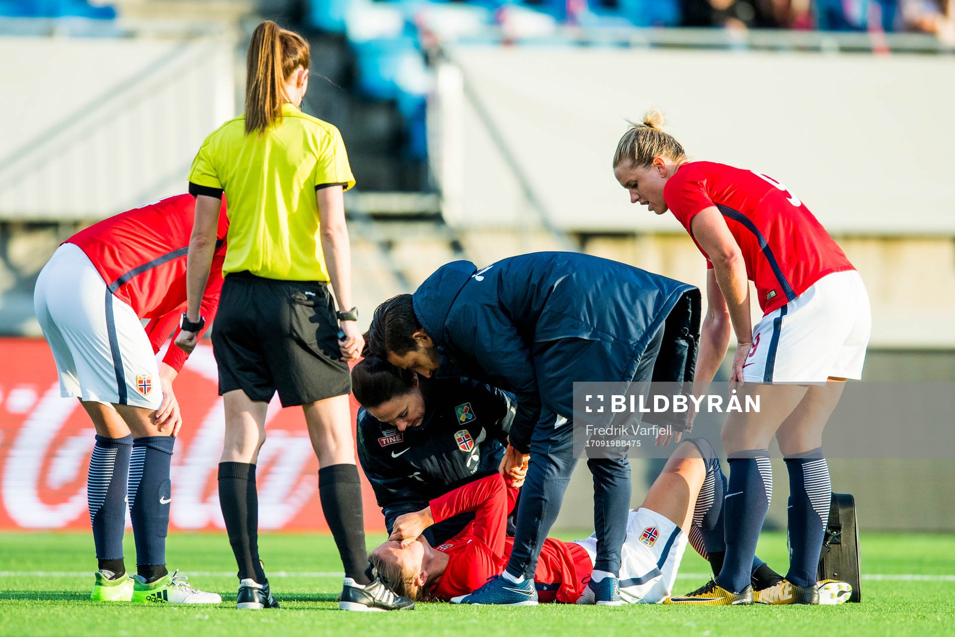 Caroline Graham Hansen of Norway receives treatment for an